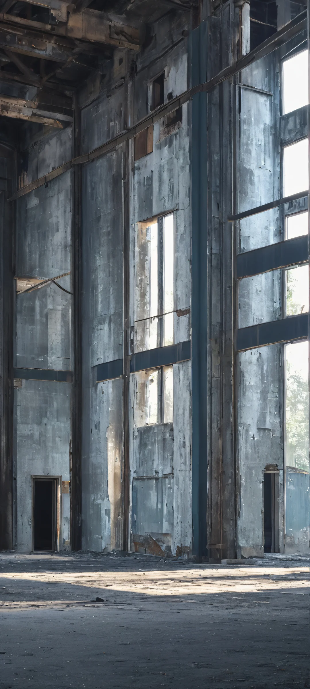 Abandoned industrial building at dusk, with moody greys and blues, parfaitement optimisé pour iPhone, SamsungGalaxy, et écrans d'accueil Android.