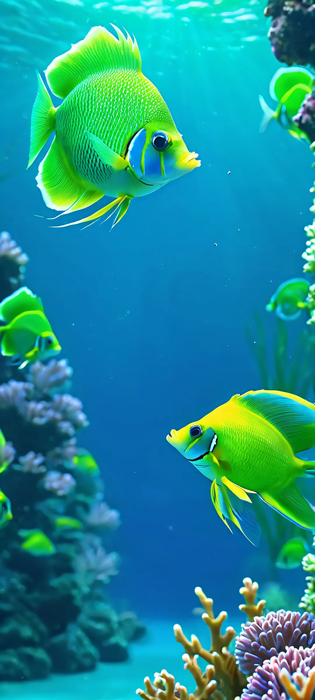 Aero Oceanic Oasis Lock Screen for iOS & Android Dive into an underwater world featuring mesmerizing fish swimming amidst soft blue and green hues, perfect for your iPhone or Android home screen.