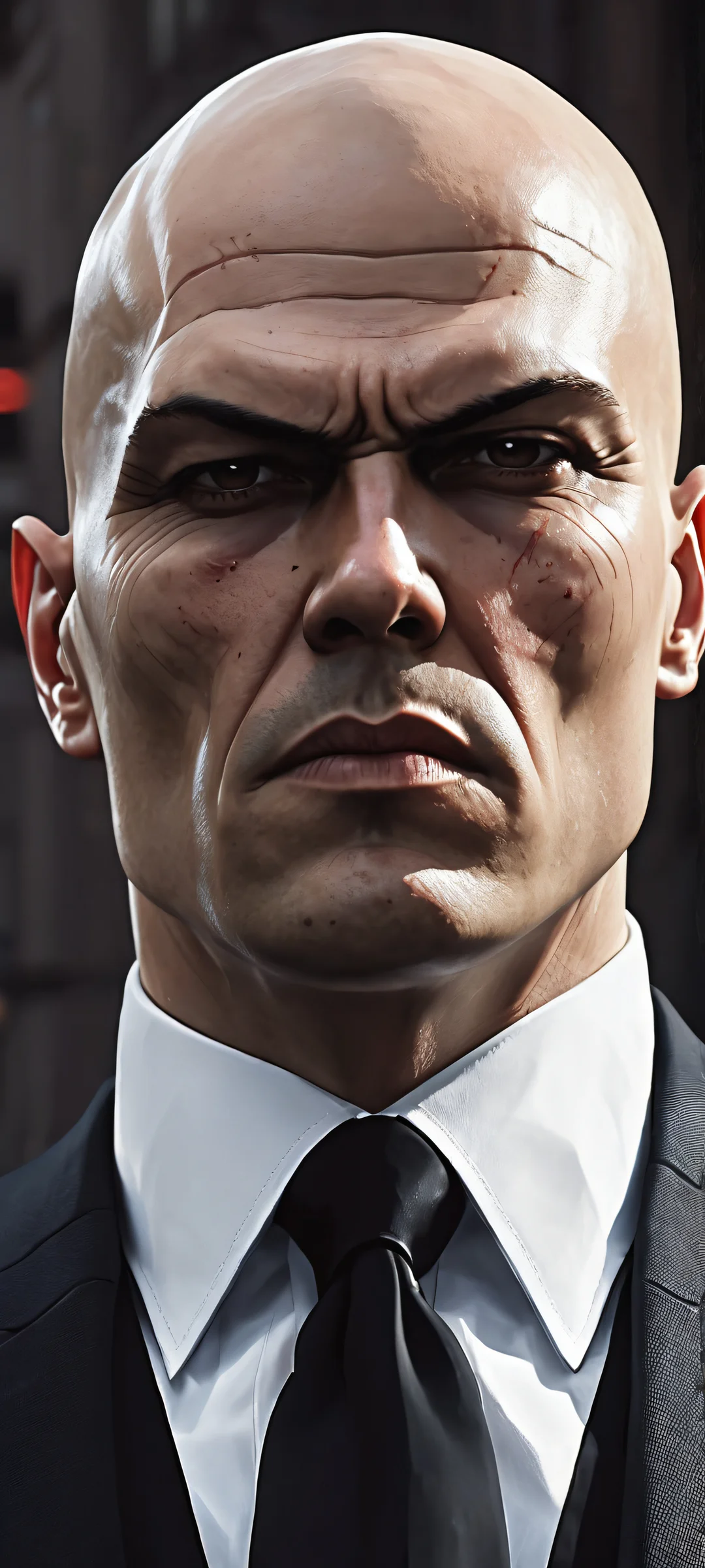 Stunning vertical portrait artwork of Agent 47 from a dark cyberpunk universe. Perfectly optimized for iPhone and Android home screens.