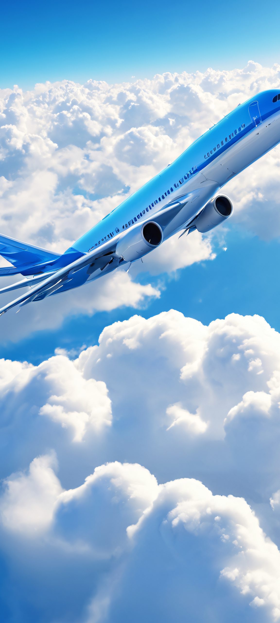A serene airplane soaring through fluffy white clouds on a bright blue sky, perfect for iPhone/Android home screens.