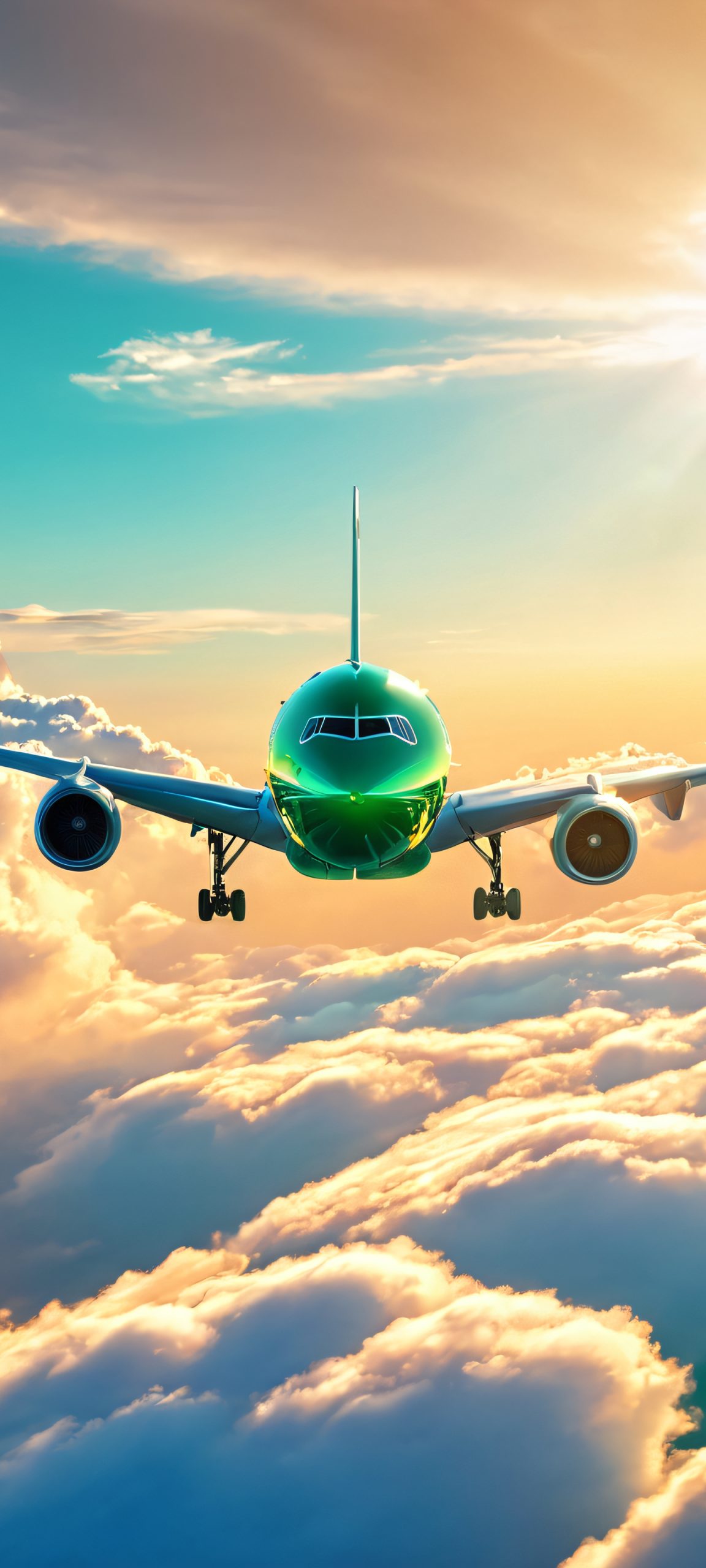 Beautiful airplane soaring through golden hour clouds, perfect for iPhone and Android home screens