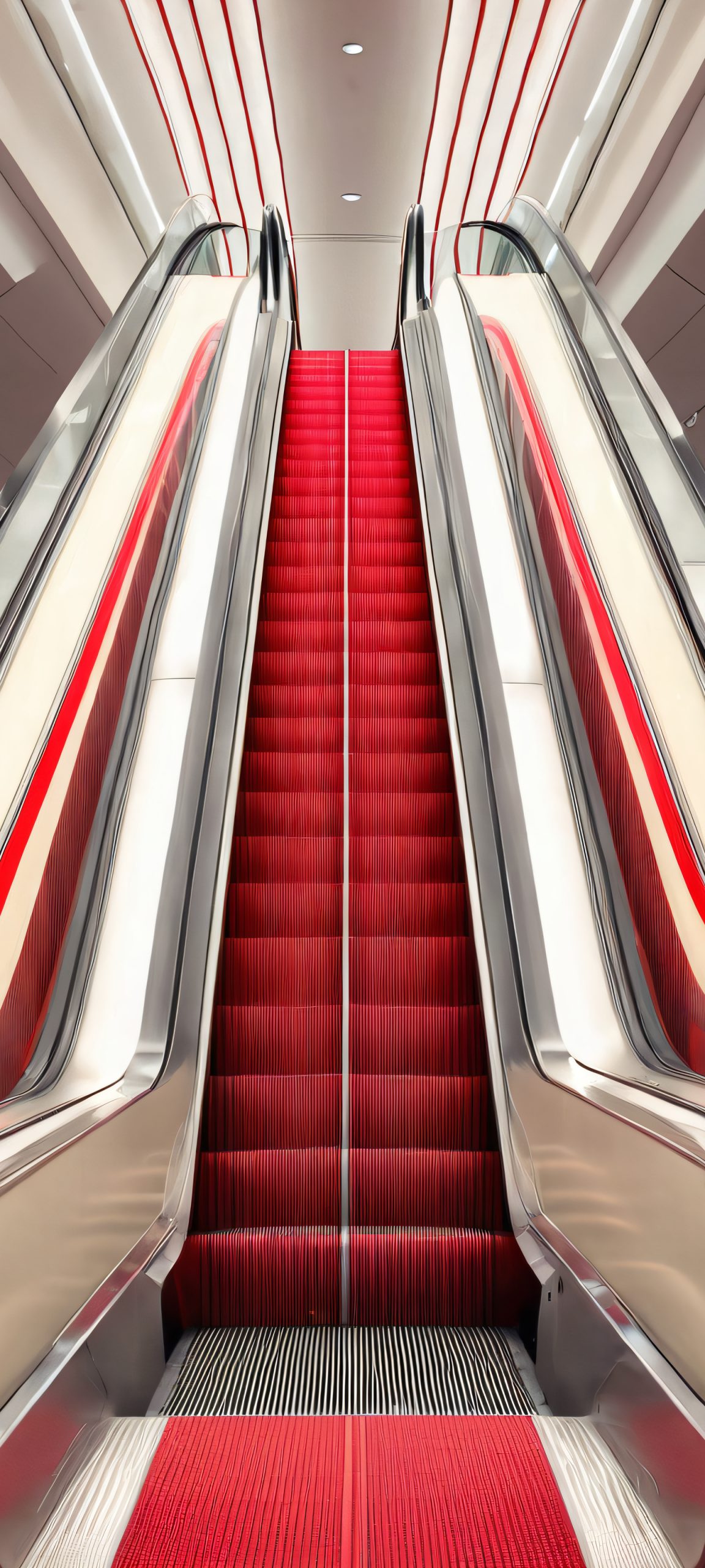 Air travel, airport terminal, escalator, minimalist design, soft fluorescent lighting, iPhone/Android wallpaper