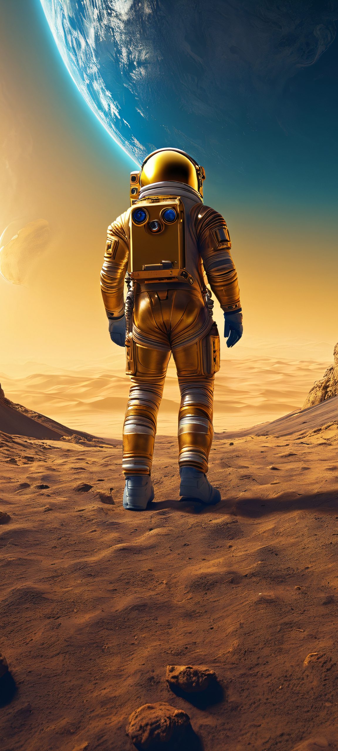 Astronaut gazing at the surreal alien landscape on an overcast day, featuring deep blues, earth tones, and golden hues. Perfect for iPhone and Android home screens.