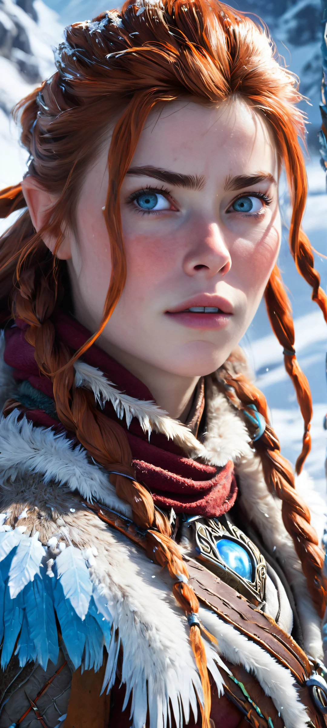 Ethereal Aloy amidst frozen wilds, iPhone and Android compatible, CGI masterpiece with radiant colors and ray traced reflections.