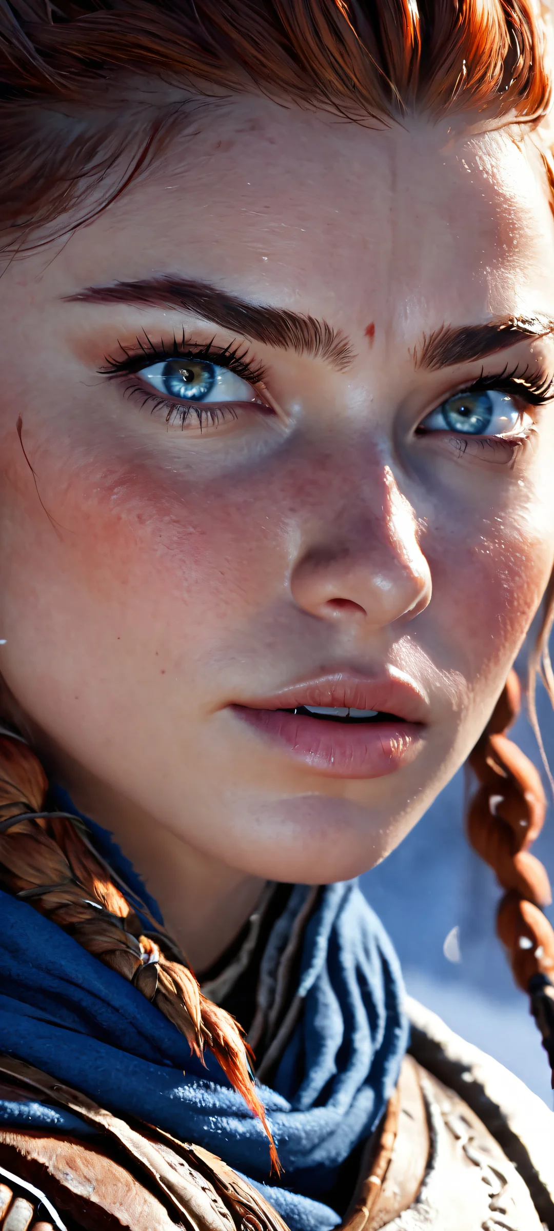 iPhone and Android users will love this stunning vertical portrait of Aloy from the Frozen Wilds. A must-have for any gamer or fan of cyberpunk art.