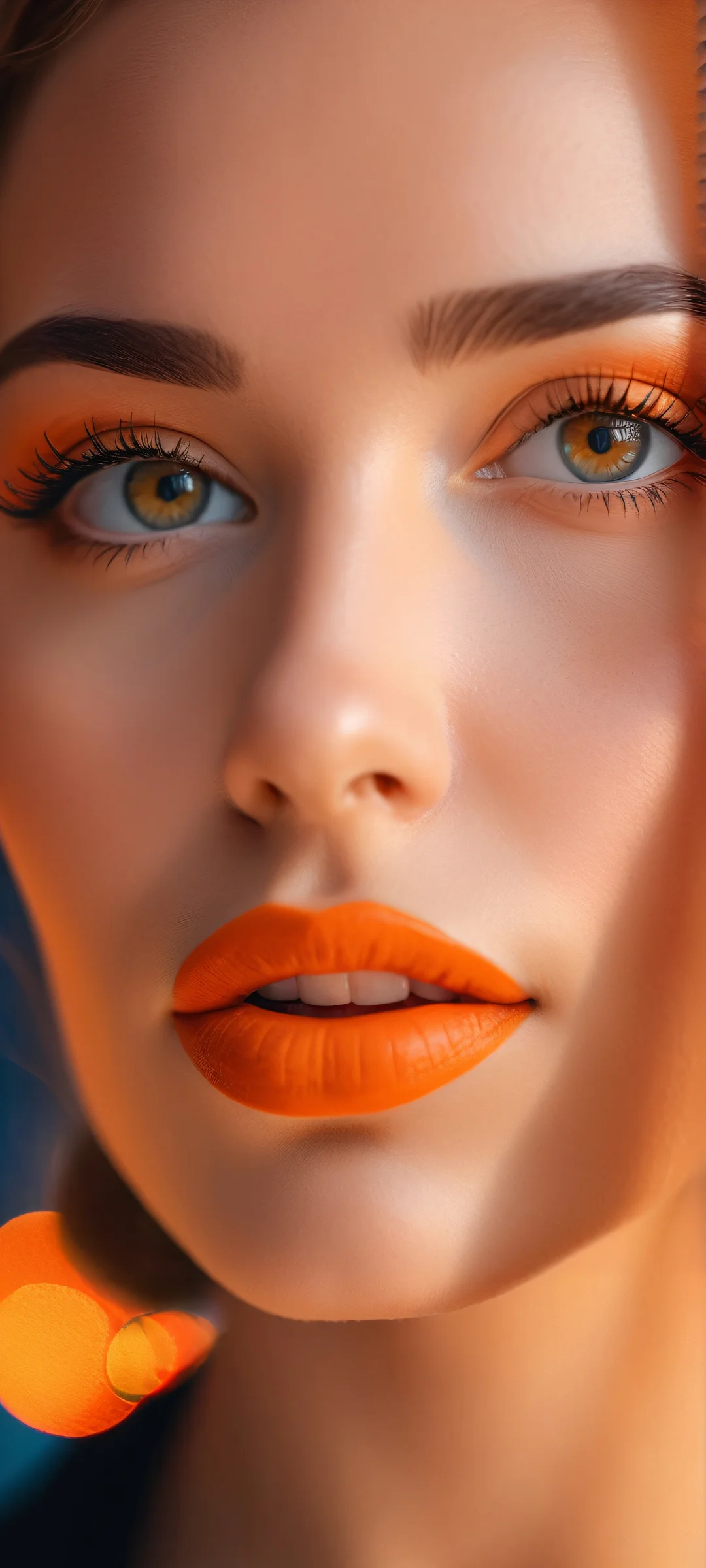 A stunning vertical mobile wallpaper featuring a woman's face captured in analog film photography style with bokeh and a warm, vibrant color scheme reminiscent of vivid orange and black.