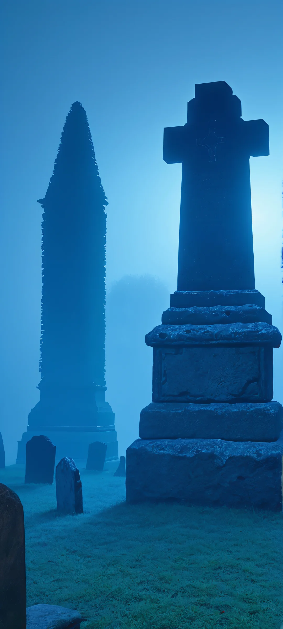 Ancient stone ruins amidst a foggy graveyard at dawn. Perfect for iPhone and Android devices.