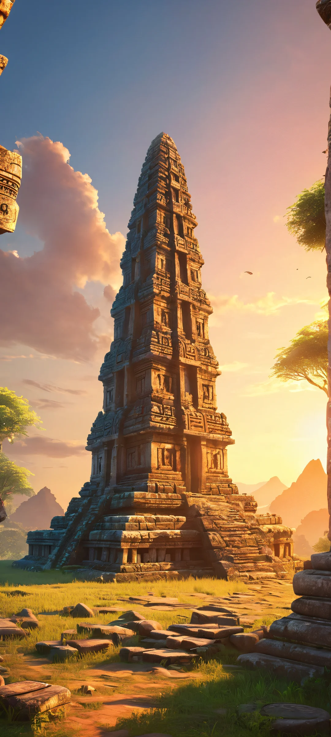 A majestic ancient temple with glowing runes, perfectly suited for iPhone/Android home screens.