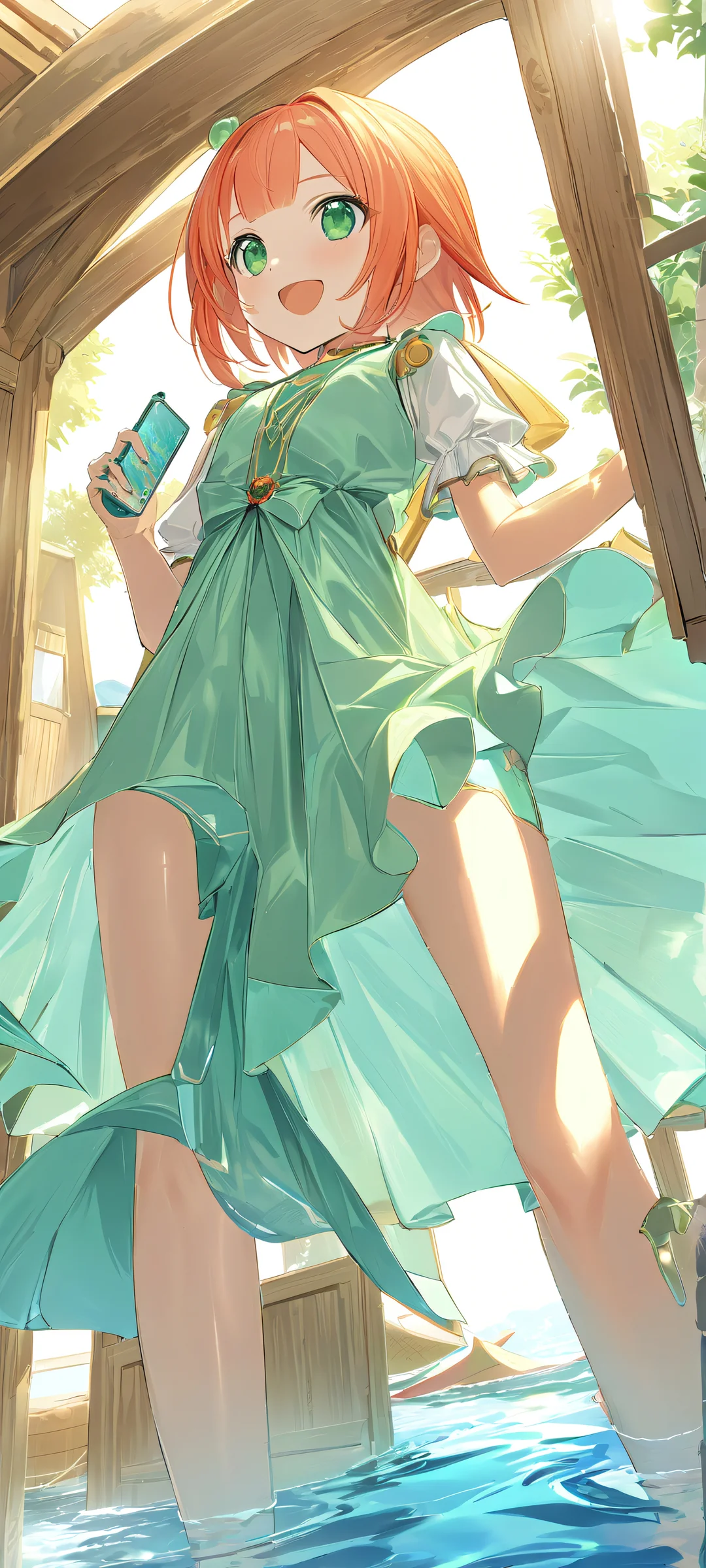 A serene boat ride on a peaceful lake with angelic figures enjoying the warm sunlight and bluish-green surroundings.