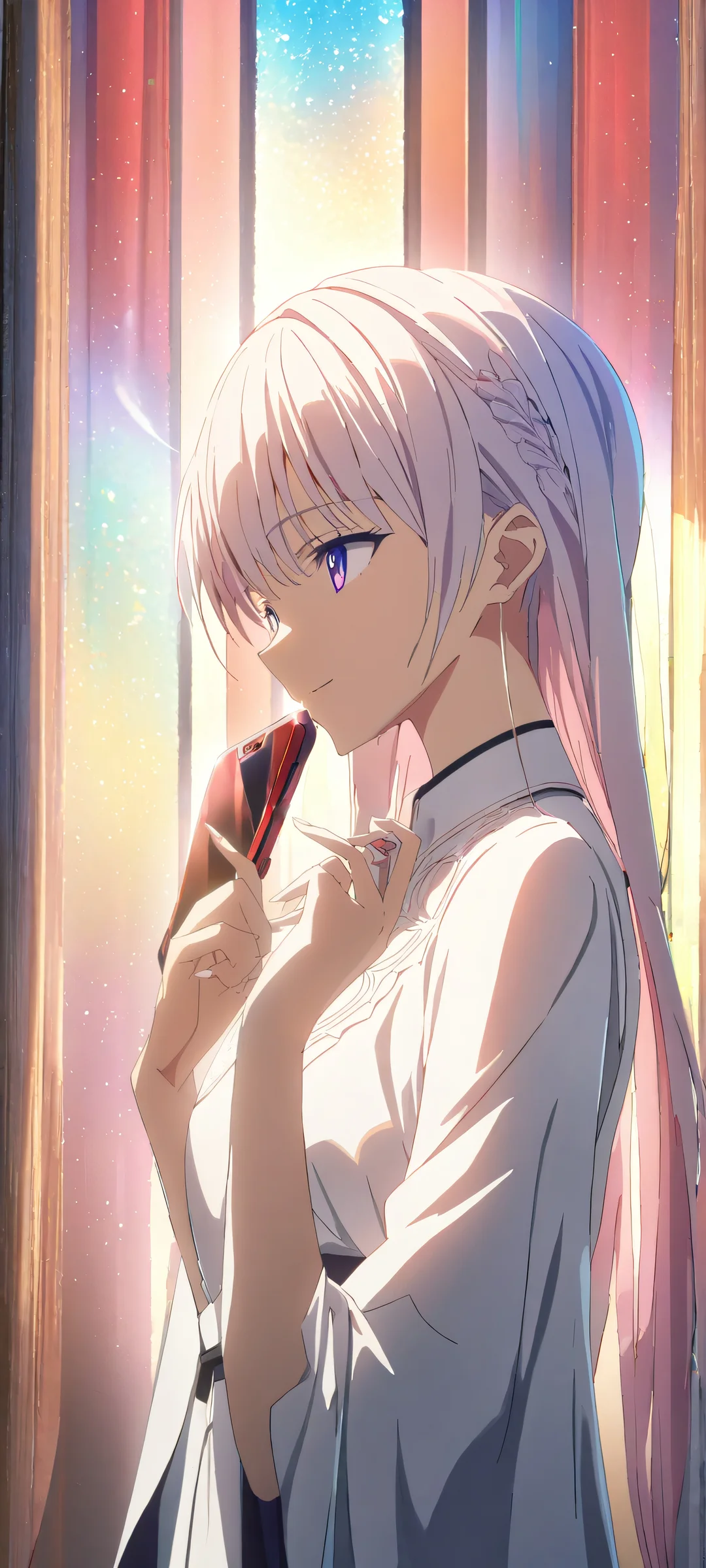 A beautiful anime girl surrounded by delicate cinematic lighting on your iPhone or Android home screen.