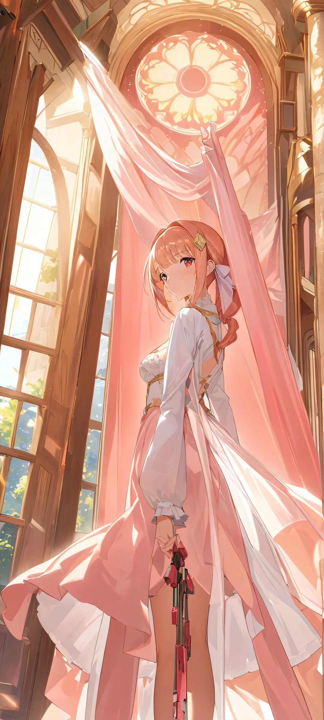 A serene indoor scene featuring adorable anime girls surrounded by soft pink and brown hues, perfect for iPhone/Android home screens.