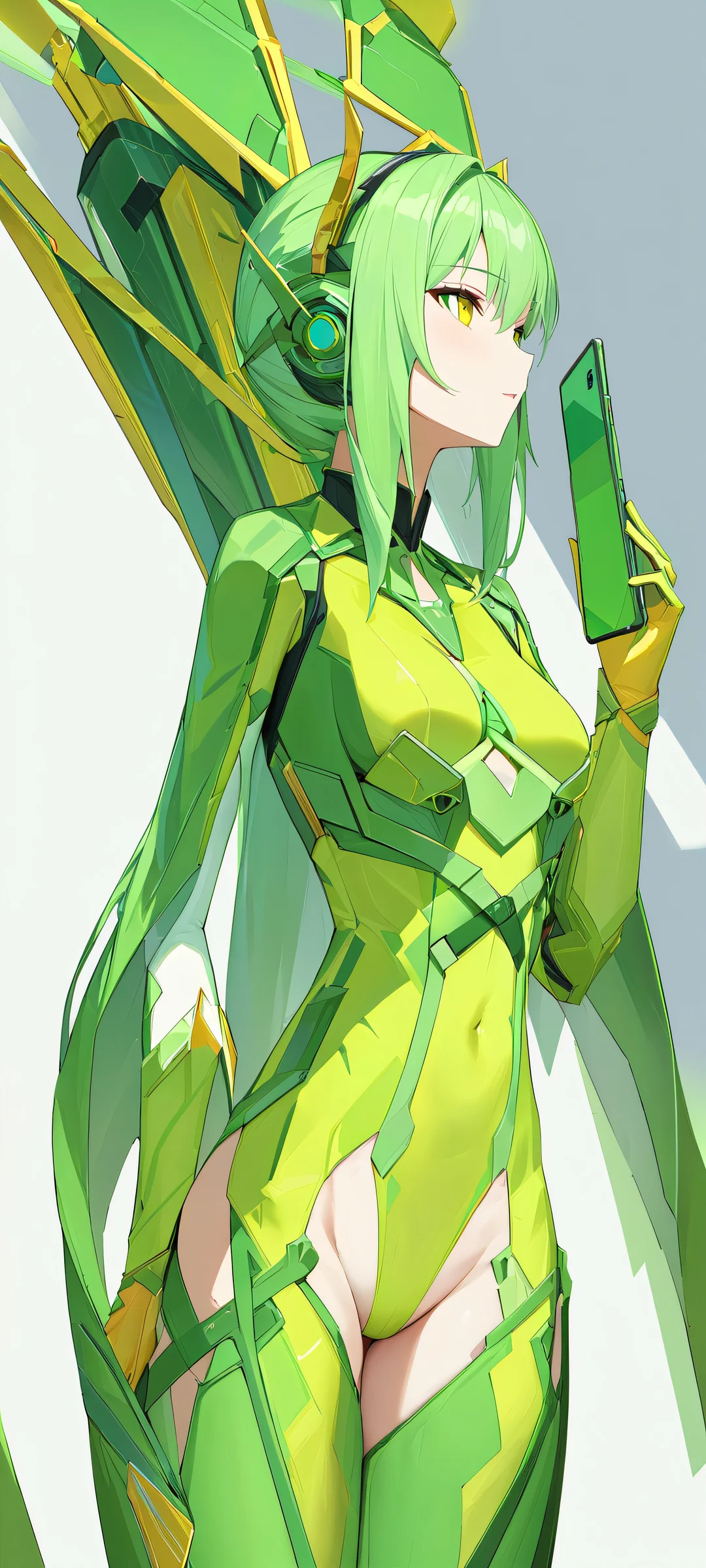 Beautiful anime girl illustration on a green and yellow background, perfect for iPhone/Android home screen decoration.