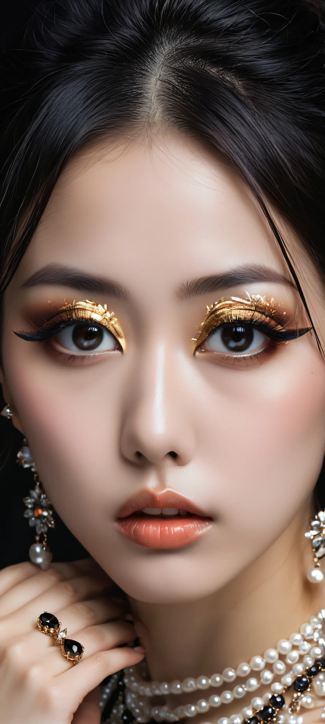 Anime Luxury 2K Mobile Background A stunning vertical portrait of anime girls surrounded by pearl jewelry and earring details on a sleek black background, perfectly optimized for iPhone/Android home screens.