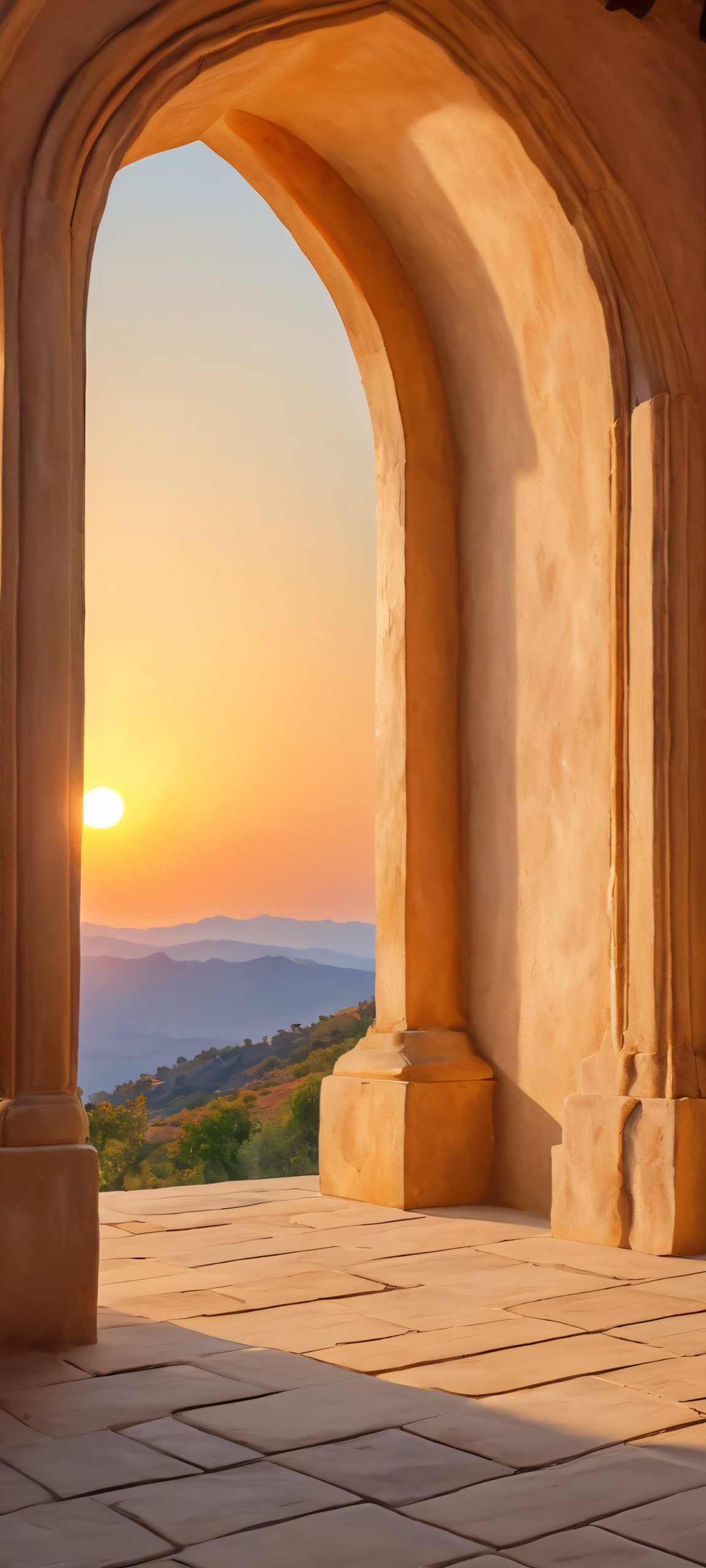 A stunning vertical iPhone and Android wallpaper featuring rustic archways in muted blues and earthy tones, perfect for your mobile home screen.