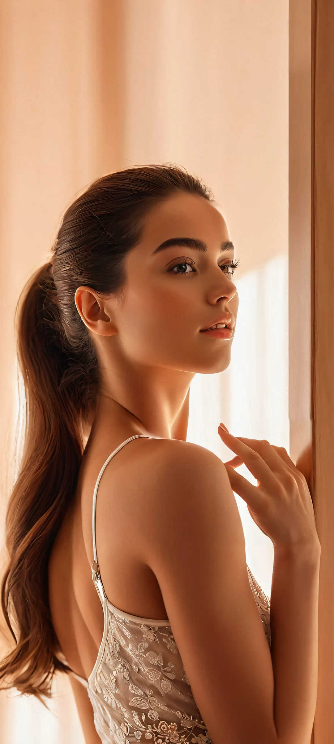 A stunning indoor portrait of an Asian woman in beautiful skin tone and fabric attire, perfectly optimized for iPhone, Samsung Galaxy, and Android home screens.