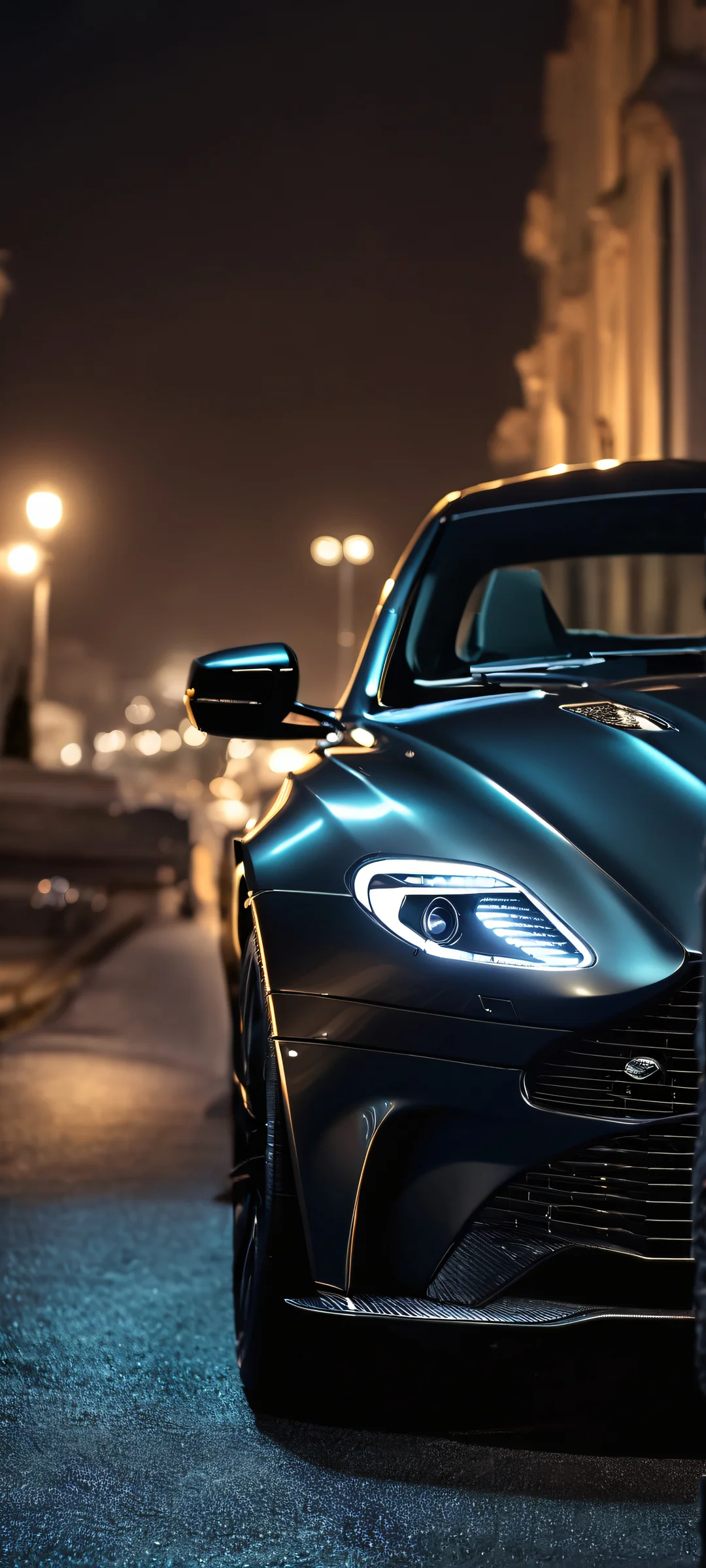 Moody night scene of an Aston Martin car on a dark background, suitable for iPhone and Android devices.