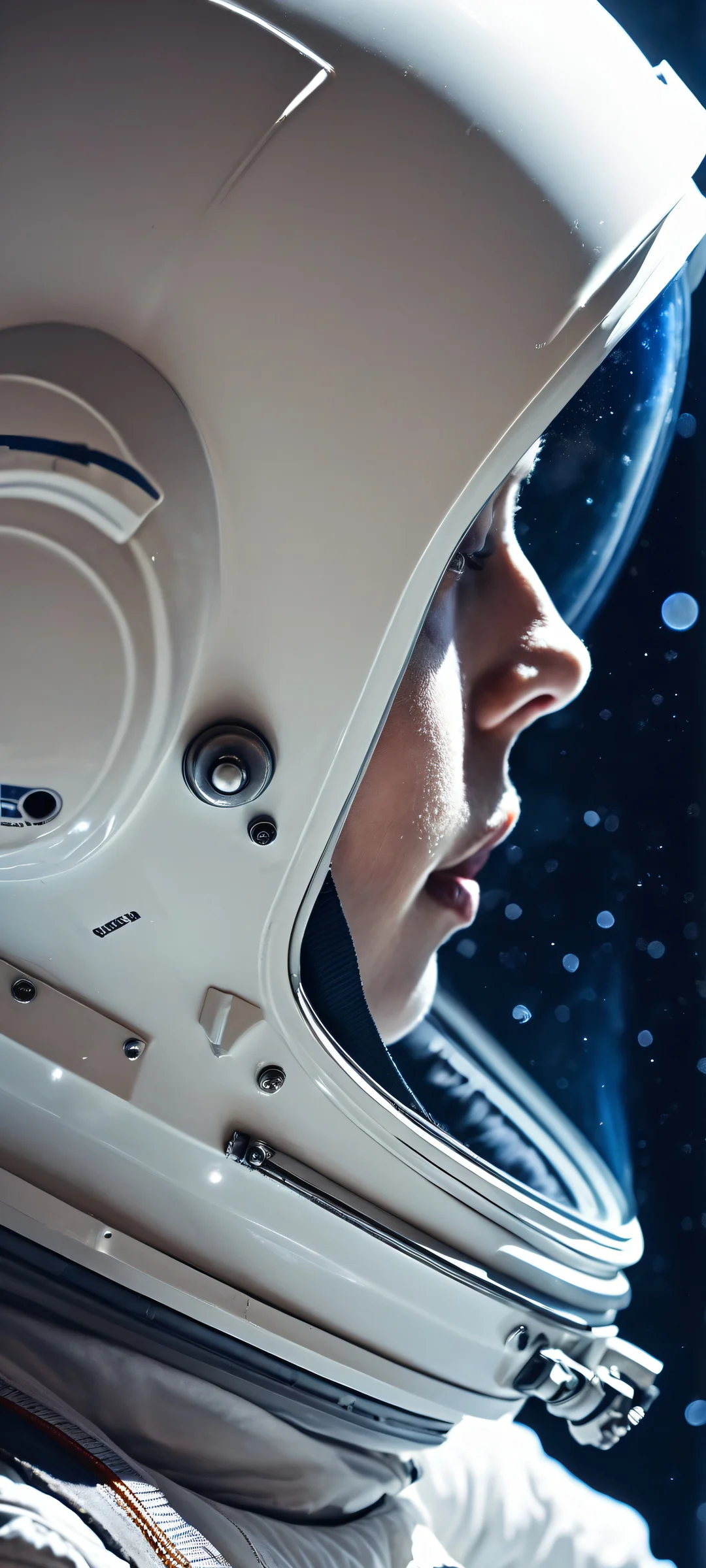 Close-up of an astronaut's helmet reflection in a galaxy, with messy hair and pale skin. Perfect for iPhone/Android home screens.