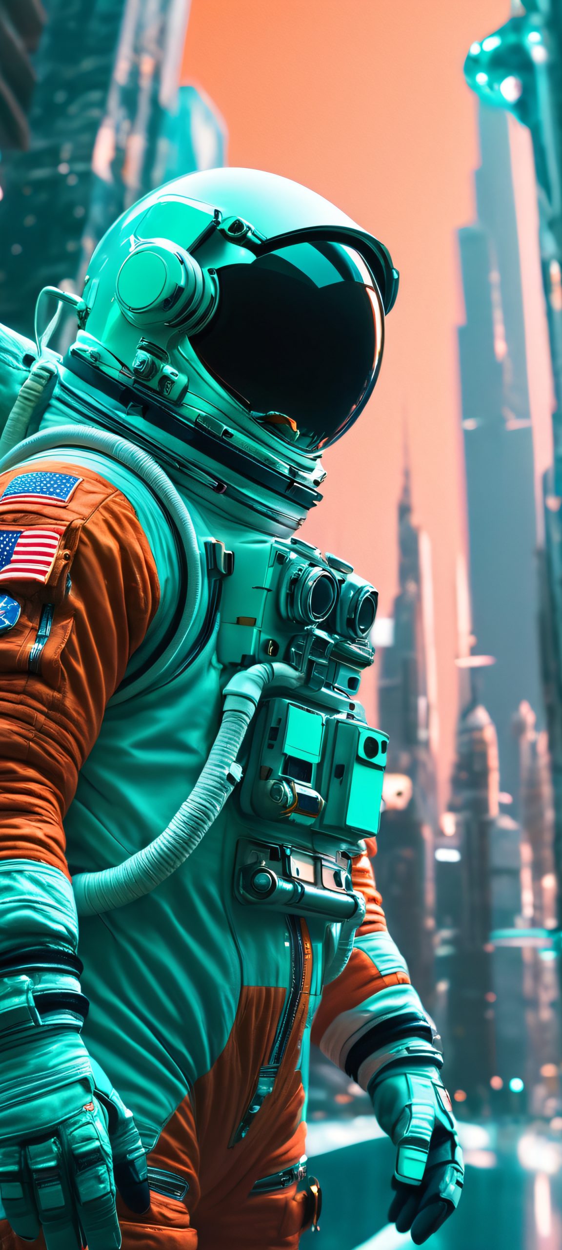 Astronaut standing in front of a futuristic cityscape at night, lit by neon glow, perfect for iPhone and Android home screens