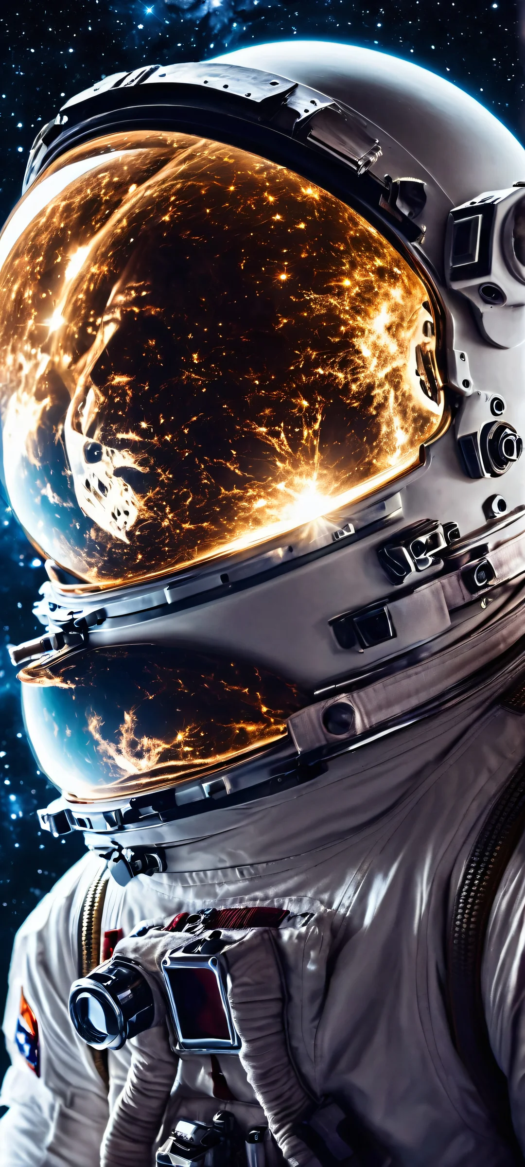 Astronaut helmet reflection in a stunning galaxy landscape. Perfect for iPhone/Android home screens.