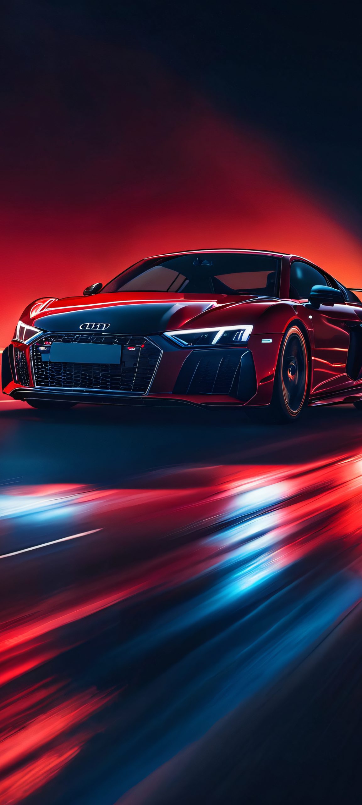 Audi R8 on the Move Aesthetic Phone Wallpaper Audi R8 speeding down a night highway with motion blur and torch-like lighting. Perfectly optimized for iPhone, Samsung Galaxy, and Android home screens.