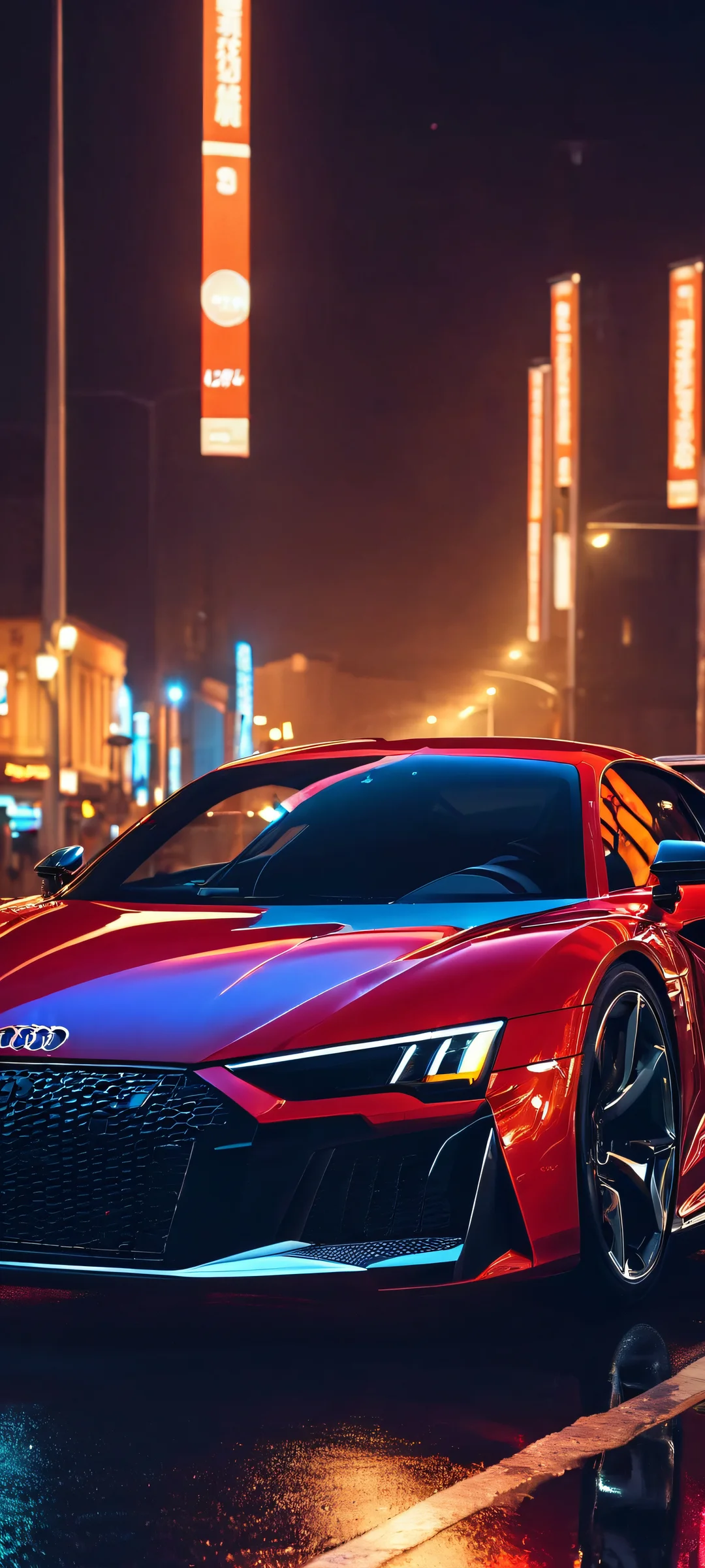Audi Sports Car at Night Lock Screen for iOS & Android iPhone/Android wallpaper of Audi sports car driving through a cityscape at night with streetlights and buildings illuminated.