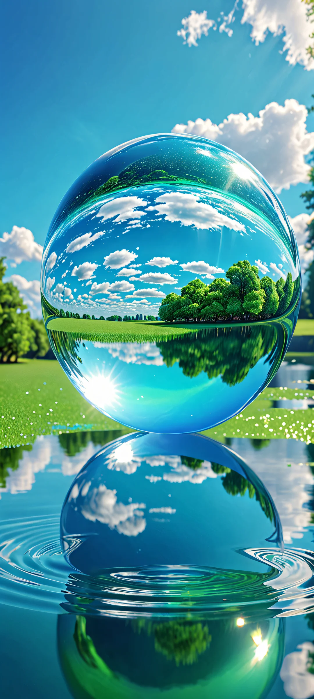 Aurora Bloom 2K QHD Home Screen Beautiful blue and green sphere reflected in the water/sky, perfectly optimized for iPhone/Android home screens.