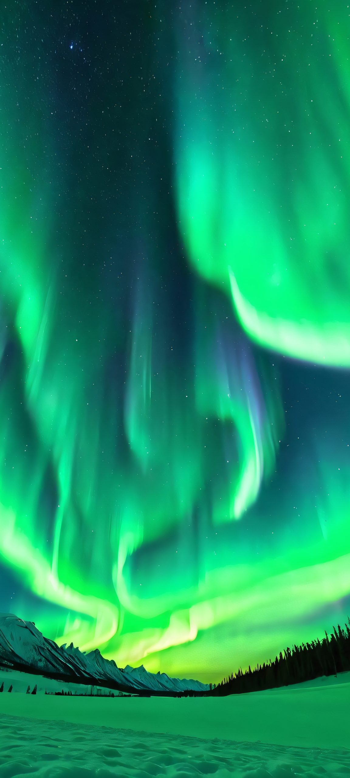 Breathtaking vertical mobile phone wallpaper of the night sky featuring a soft glow of green and white hues, perfect for iPhone and Android home screens.