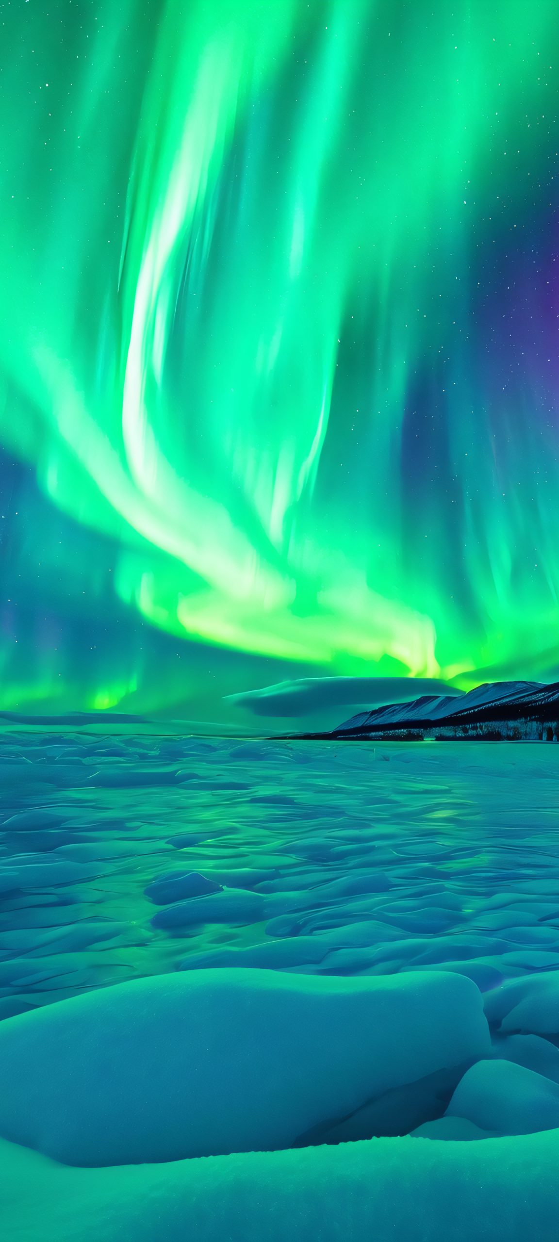 A stunning vertical wallpaper of the Northern Lights dancing across the night sky, perfectly suited for iPhone/Android home screens.