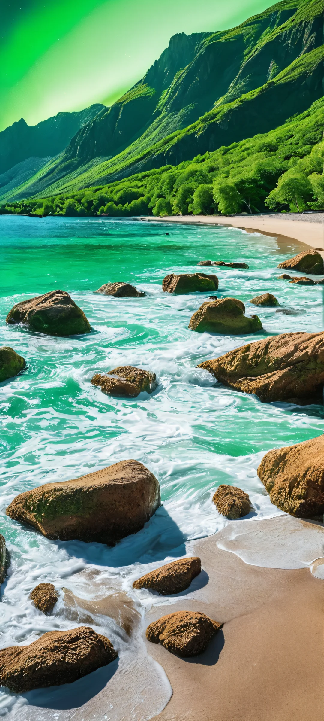 Aurora Valley Masterpiece QHD Smartphone Background Ethereal rocky beach at dawn, with iPhone/Android users transported to a breathtaking valley under the majestic green light of an aurora.