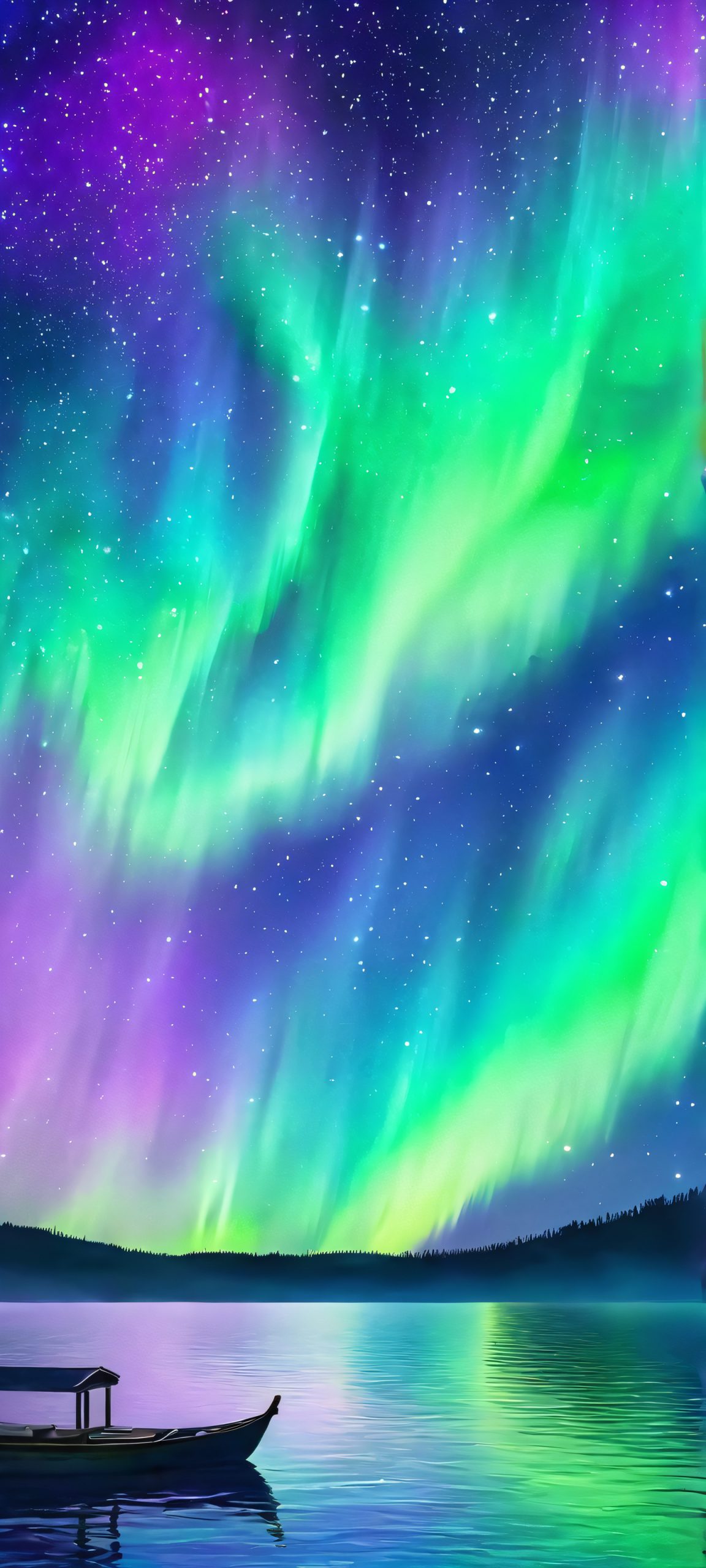 iPhone/Android wallpaper featuring a stunning vertical depiction of the aurora borealis over a serene lakeside landscape, with swirling colors of purple, green, and blue.