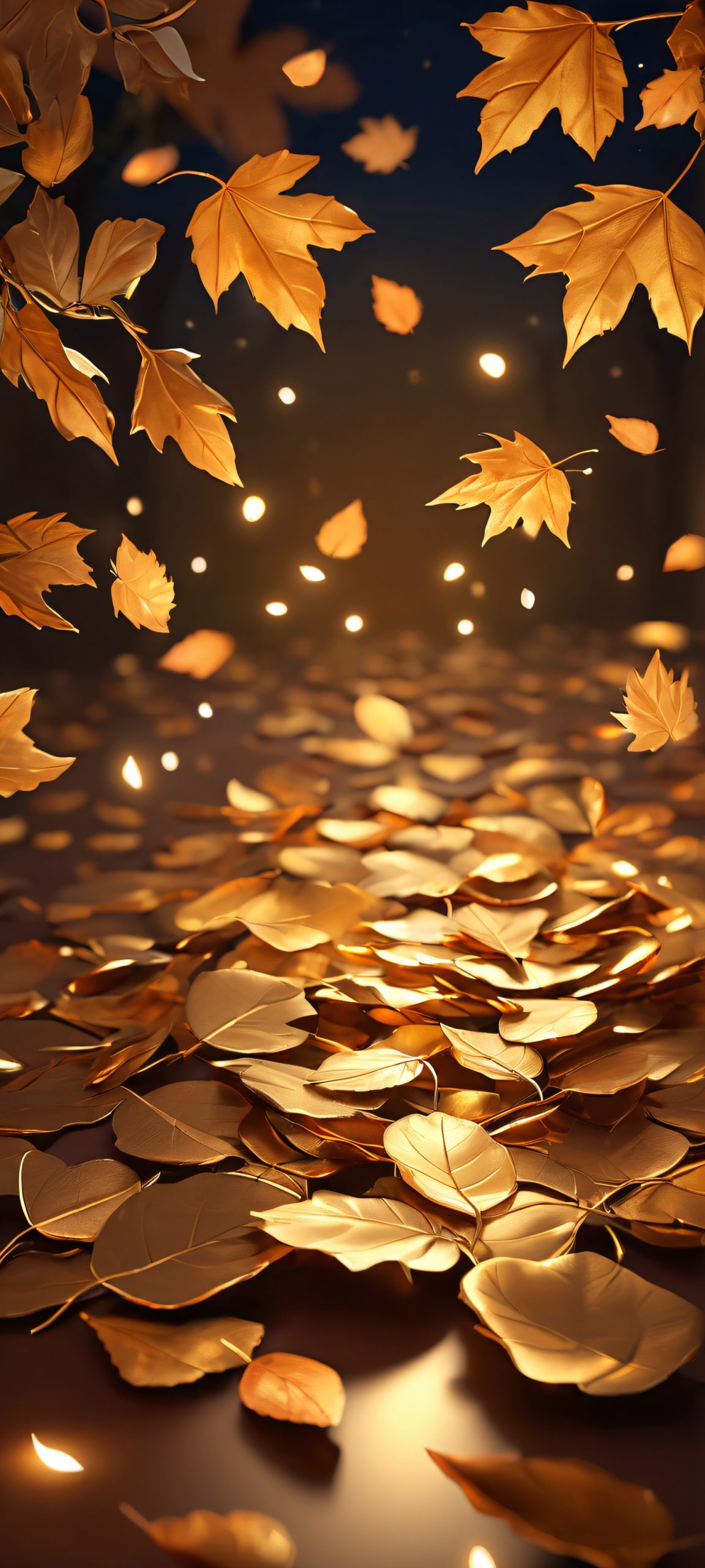 Autumn Nightfall Lock Screen for iOS & Android A serene autumn night scene with scattered leaves on a peaceful evening, perfectly suited for iPhone and Android devices.