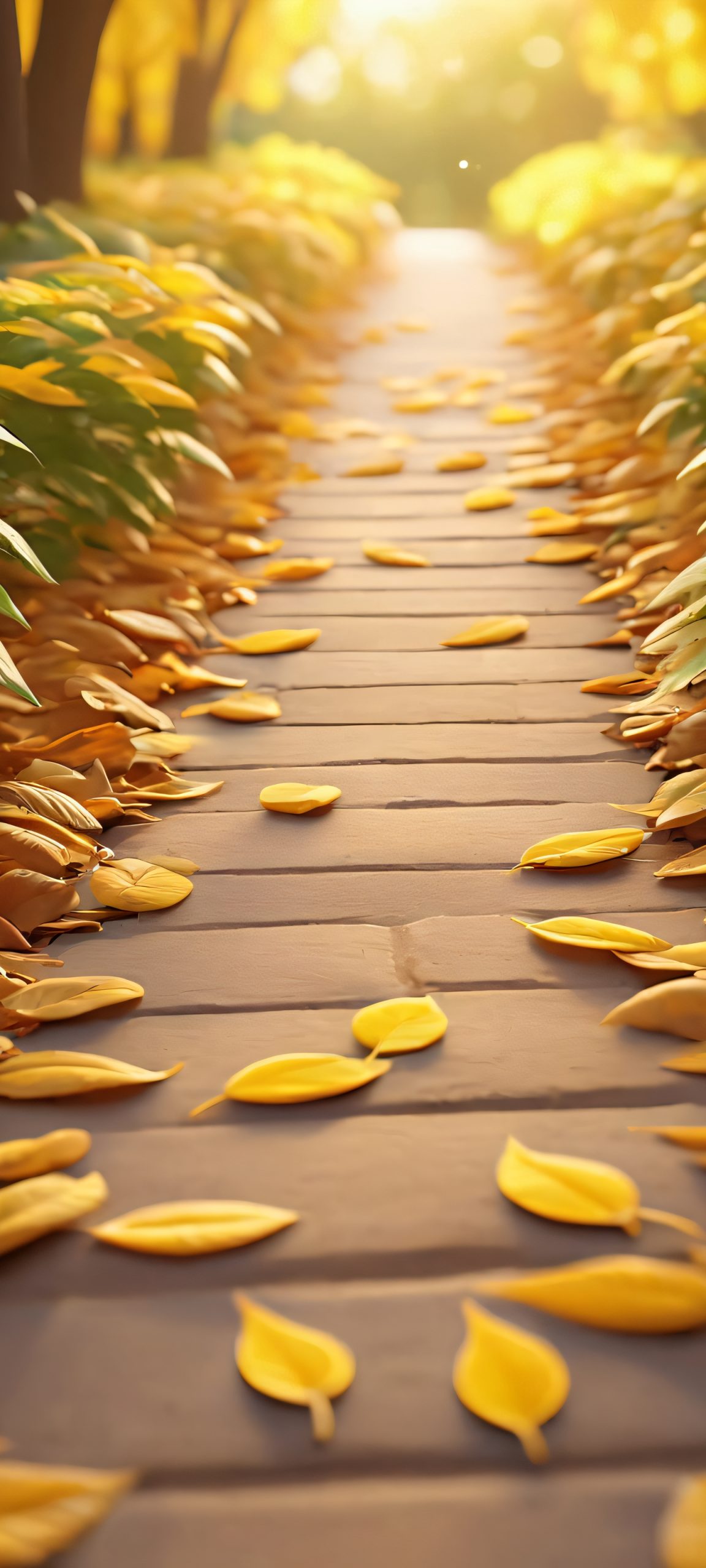 iPhone and Android users, immerse yourself in the serene beauty of this 2K QHD wallpaper featuring softly lit leaves and a winding pathway, perfectly optimized for your device.