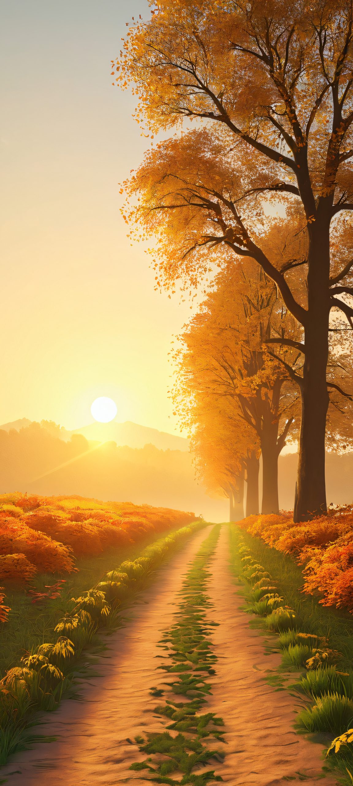 iPhone and Android users, gaze upon the breathtaking golden hour landscape of an autumn wanderer, set amidst earthy tones of green and brown.