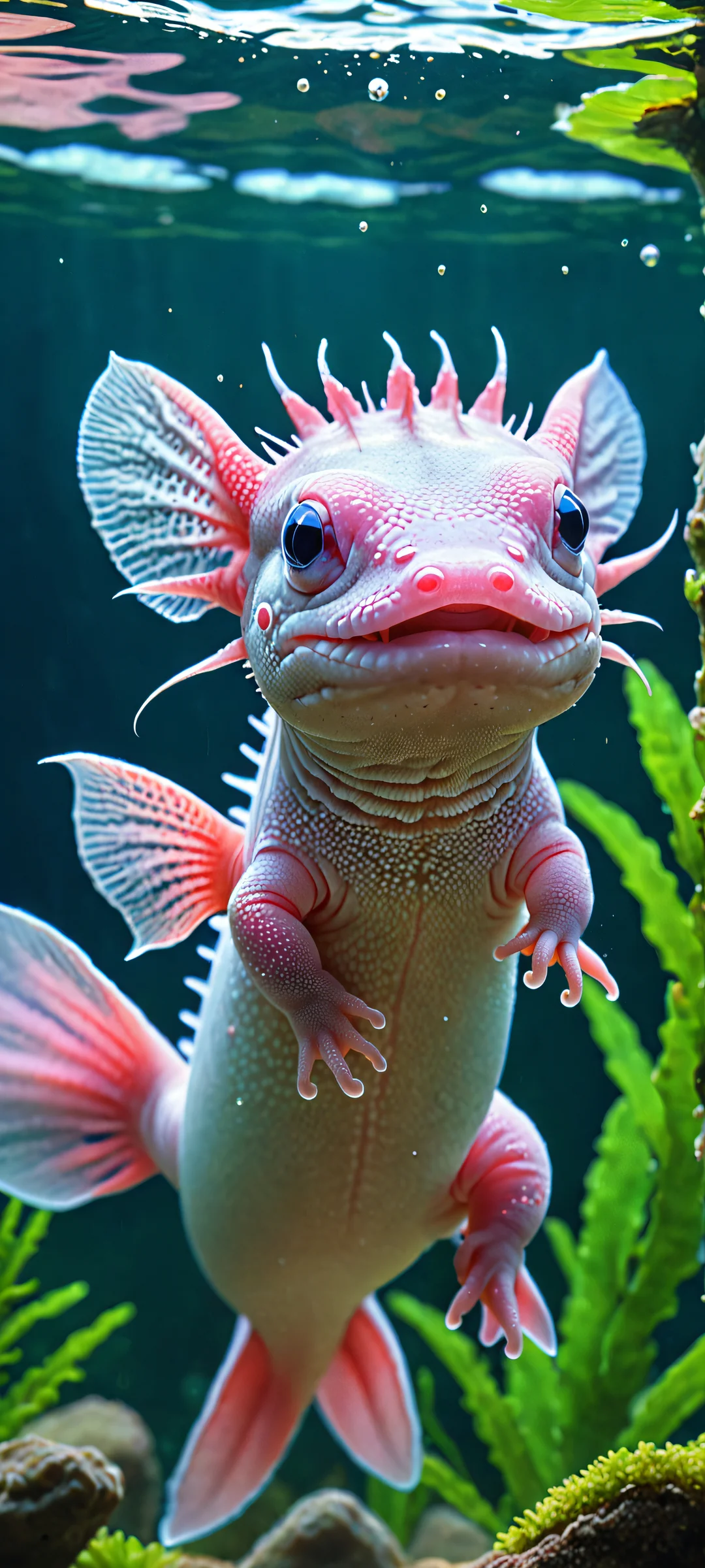 A serene axolotl swims amidst soft pastel hues and gentle water ripples, perfect for iPhone or Android devices.