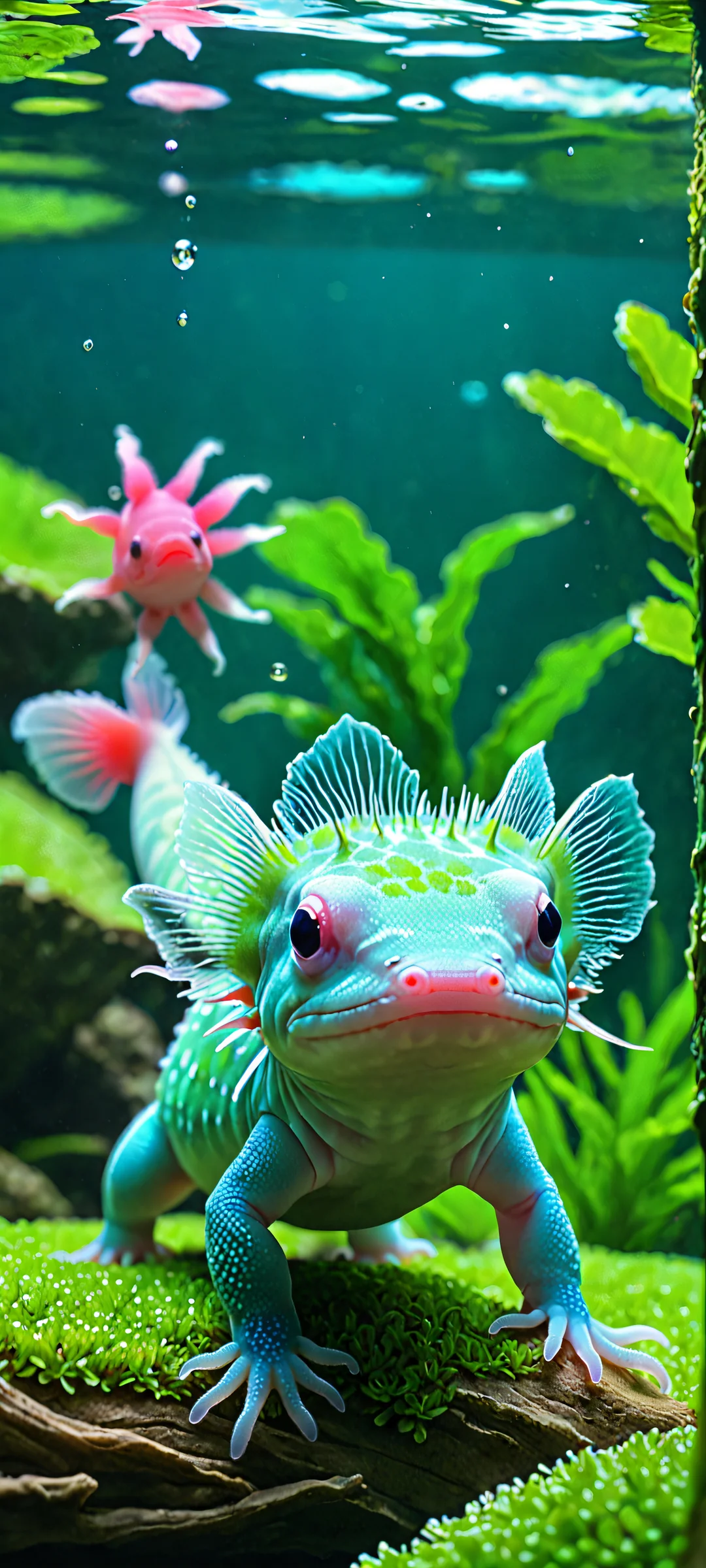 Explore the mystical world of Axolotls amidst serene water. Perfectly optimized for iPhone and Android home screens.