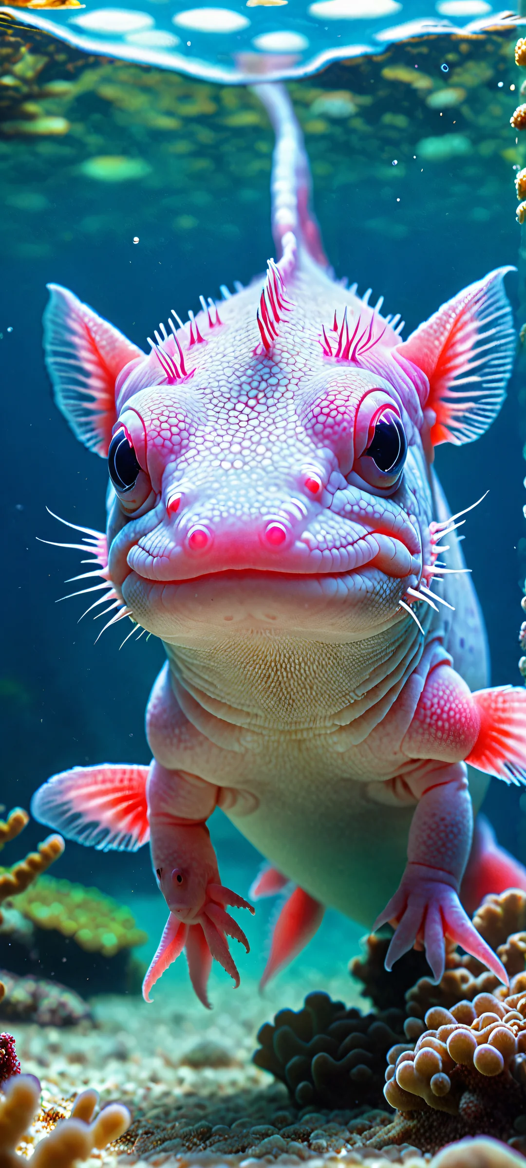 Axolotl Oasis 2K QHD Mobile Wallpaper Breathtaking underwater scene of an axolotl surrounded by soft pastel colors on a beautiful iPhone or Android home screen.