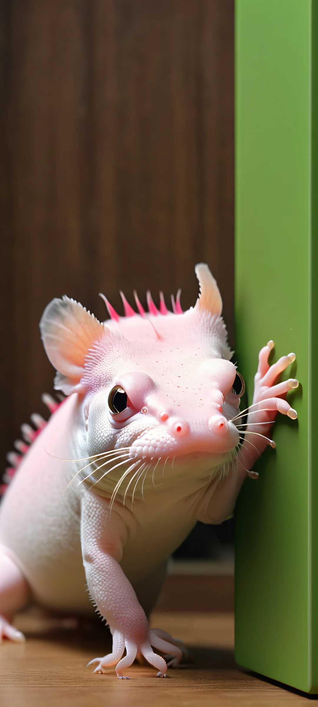 A serene axolotl habitat with lush greenery and storage units, perfectly suited for your iPhone or Android home screen.