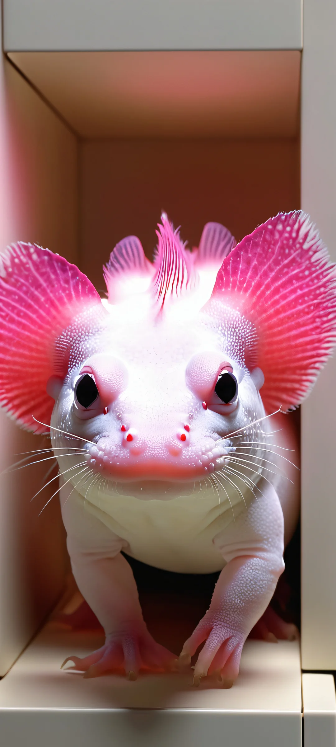 Axolotls swimming amidst a storage unit, perfectly lit and colorful. Suitable for iPhone/Android.