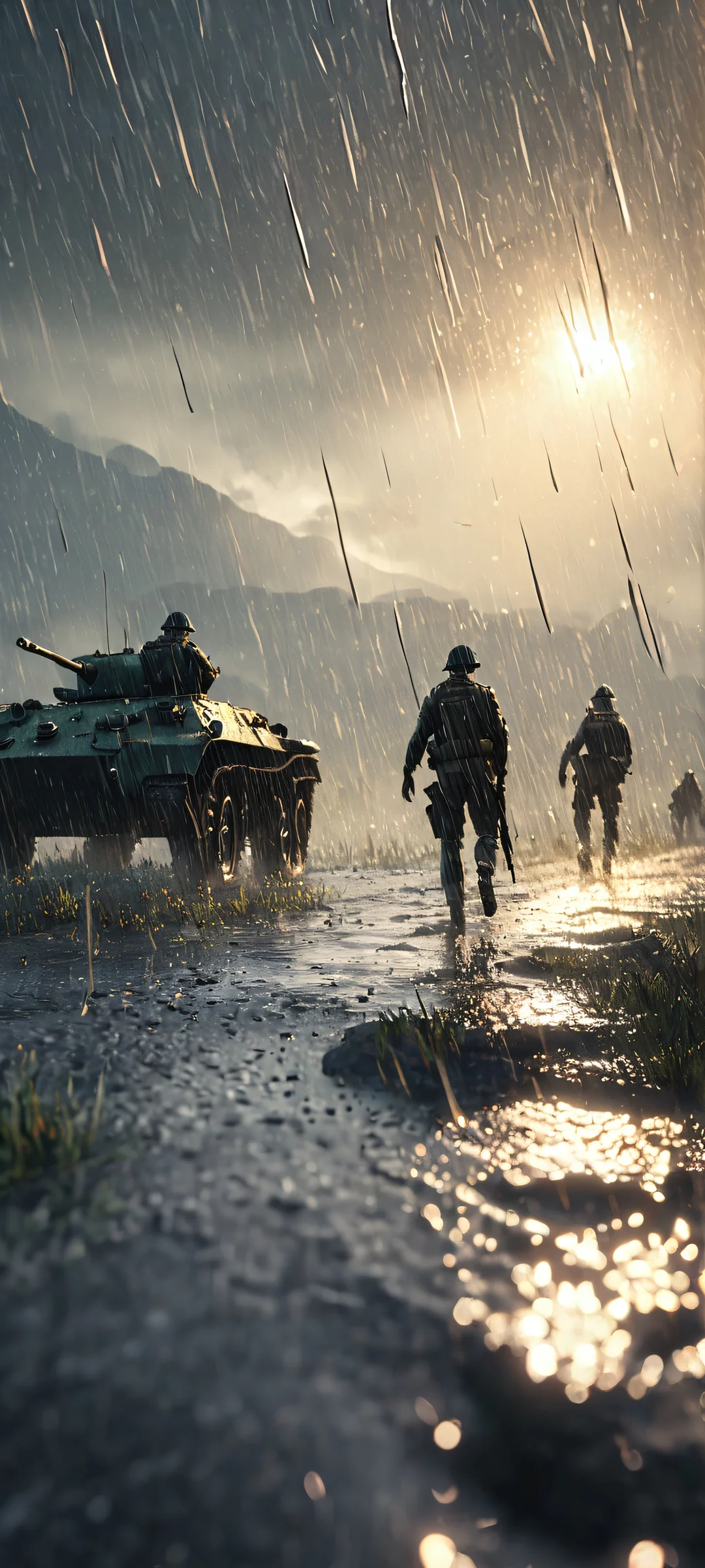 Battlefield Stormscape 2K QHD Home Screen Rainy battlefield iPhone/Android wallpaper with soft shadows and dark tones, perfect for home screens.