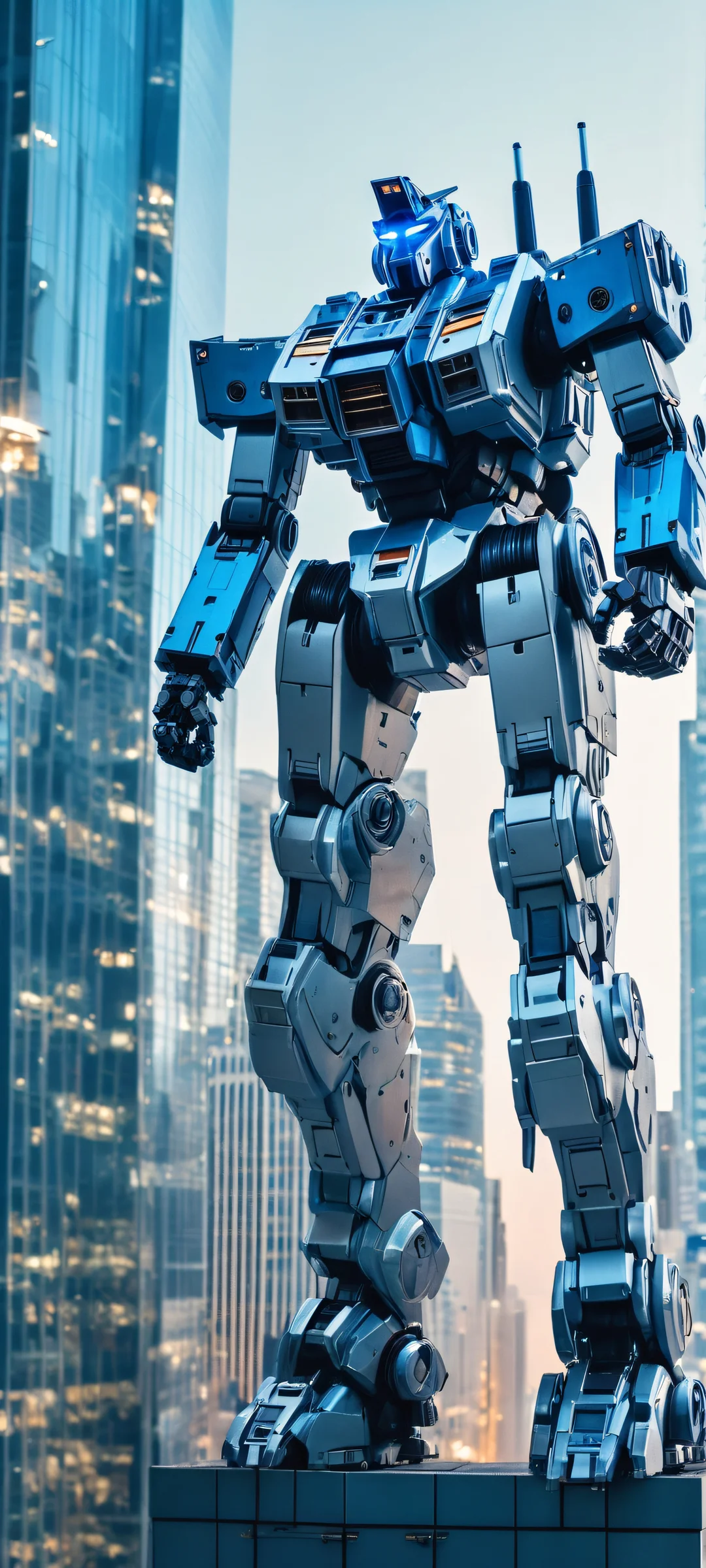 A metallic silver and electric blue Battlemech stands tall on a city skyscraper under low light conditions, showcasing the perfect blend of digital art and organic film grain. Compatible with iPhone/Android.
