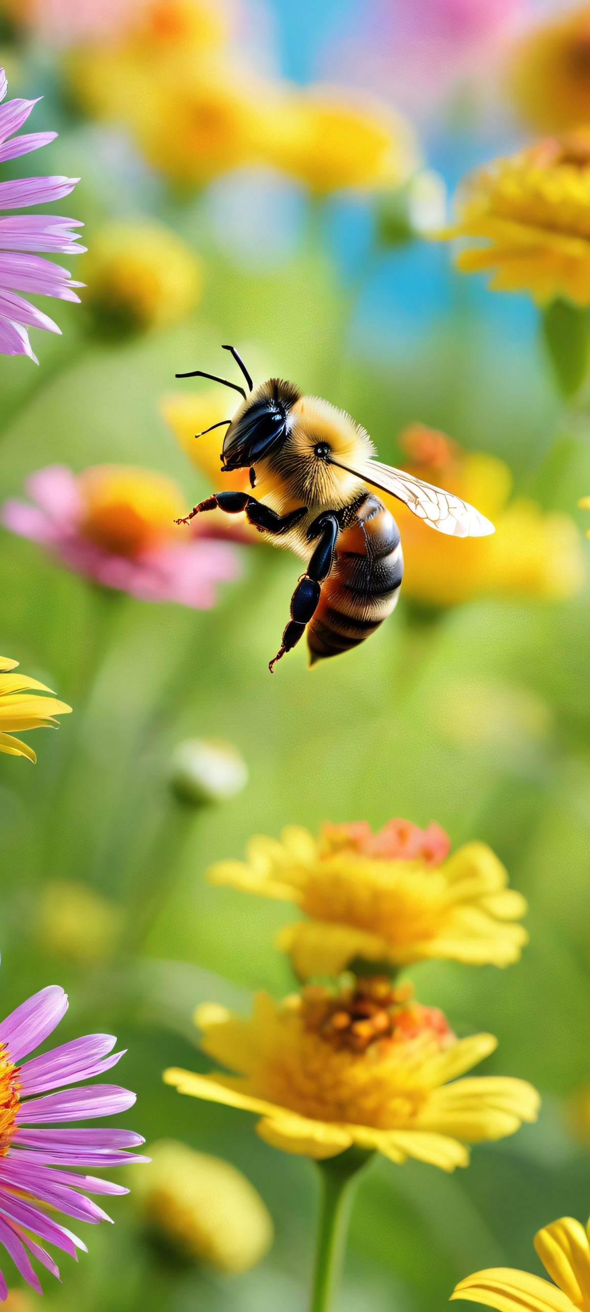 A whimsical iPhone and Android wallpaper featuring a bee amidst a vibrant garden, perfectly optimized for high-resolution displays.