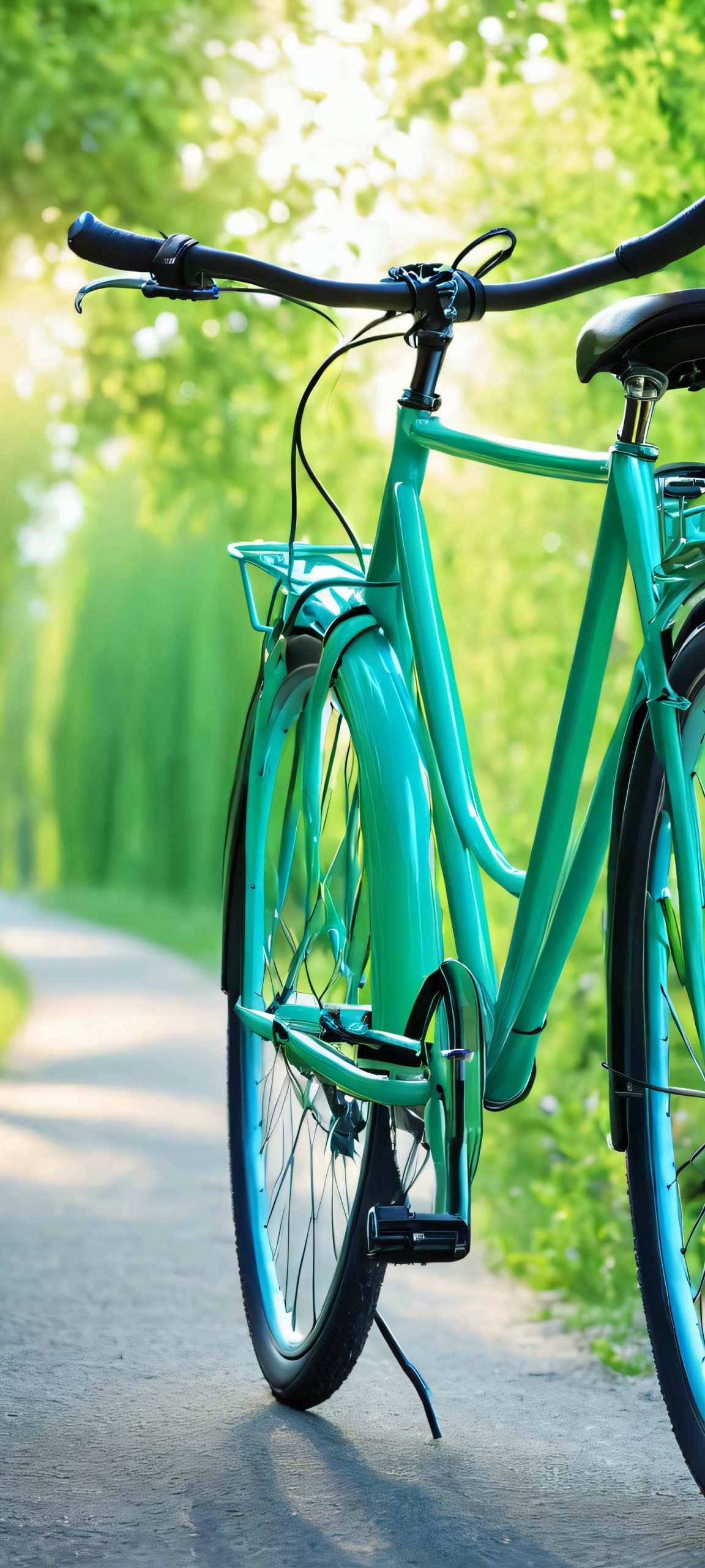 A beautiful, illustrative bicycle landscape for your iPhone or Android wallpaper, featuring soft blue and green hues.