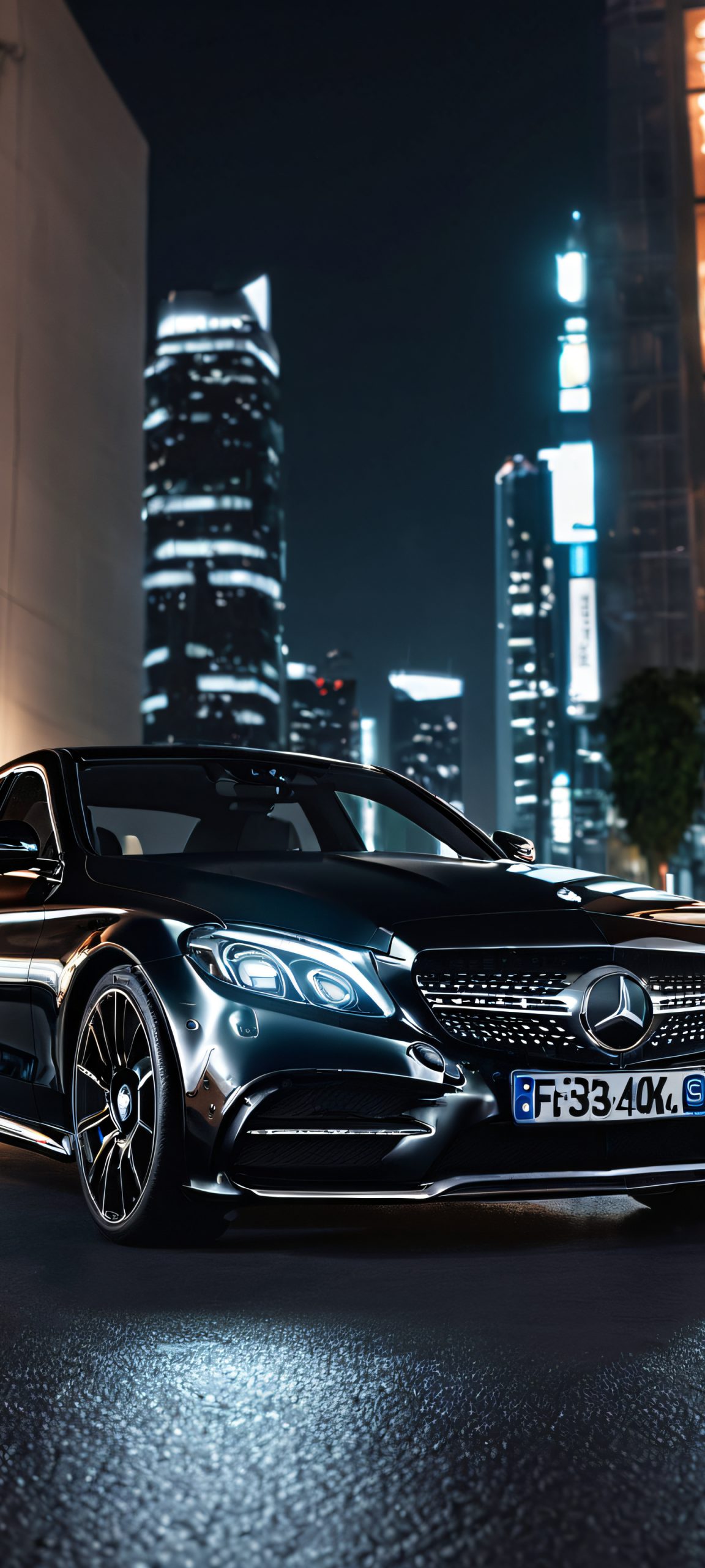A stunning night cityscape featuring a black Mercedes-Benz C-Class, perfectly optimized for your iPhone or Android home screen.