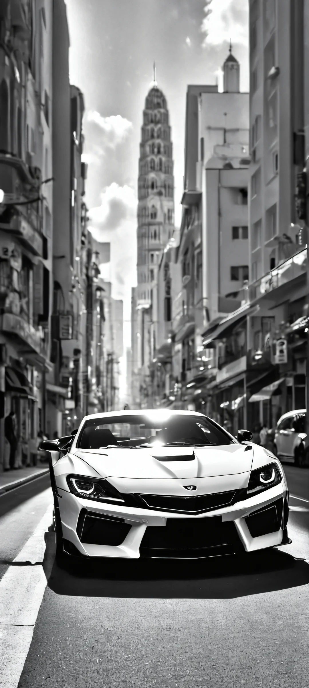 A majestic car drives down a bustling city street under the bright lights of night. Perfect for iPhone and Android home screens.