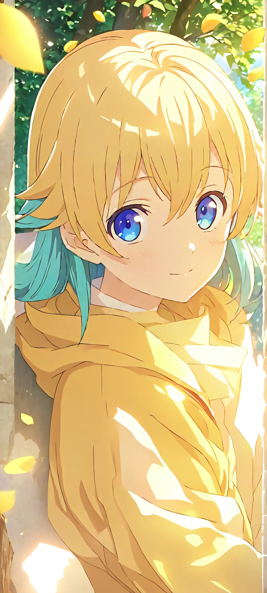 Two blonde boys looking at the viewer with closed mouth expressions in a bright and warm daytime scene from Aqua Hoshino's anime, featuring blue eyes and petals. Compatible for iPhone/Android home screens.