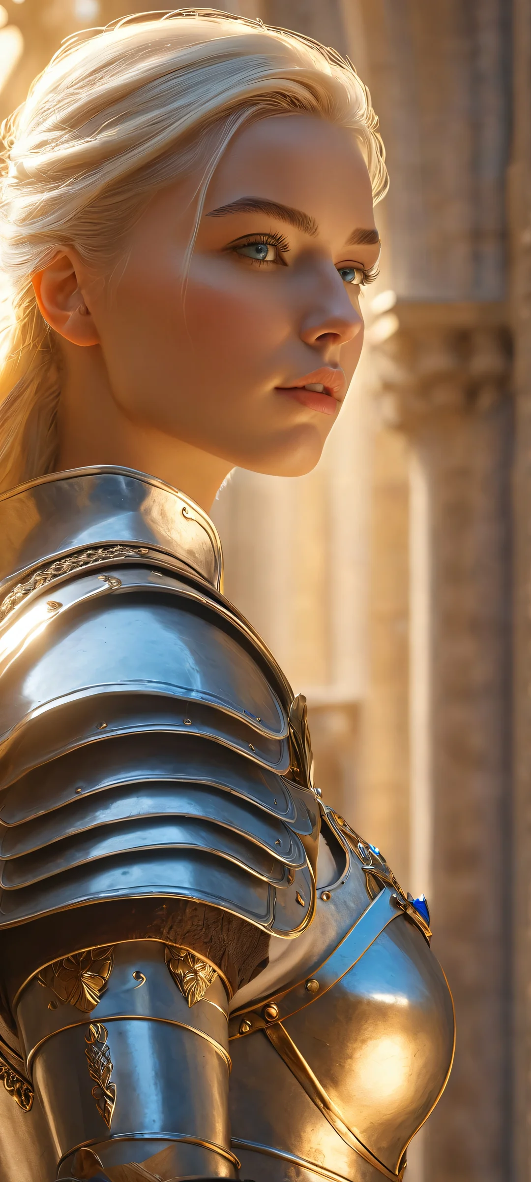 A stunning vertical mobile wallpaper featuring a blonde warrior amidst the grandeur of a cathedral, perfectly lit by golden light, suitable for iPhone and Android devices.