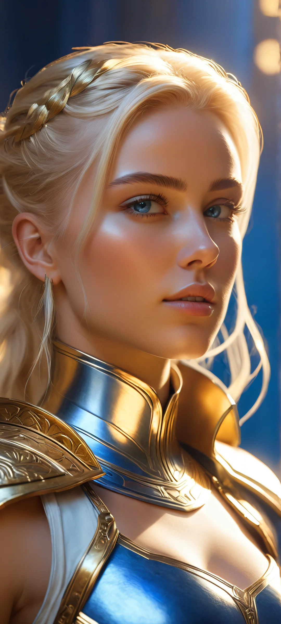 A stunning image of a blonde warrior standing in a sacred space filled with metallic realism and golden glow, iPhone と Android のホーム画面に完全に最適化.