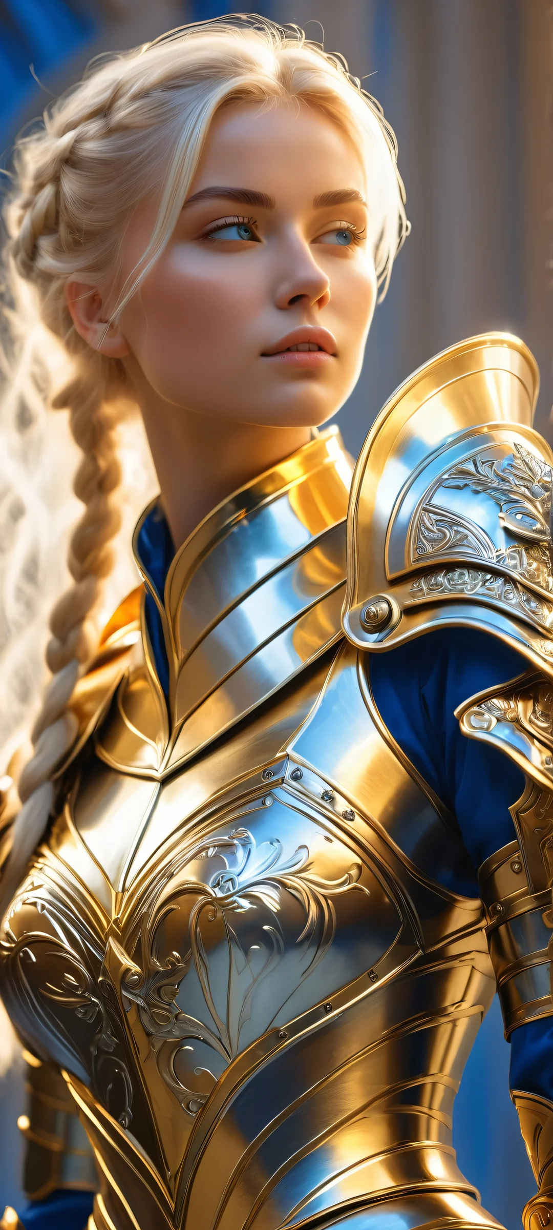 A stunning cyberpunk landscape featuring a blonde warrior standing before a golden cathedral, donning intricate armor and surrounded by soft glowing light - perfect for iPhone and Android home screens.