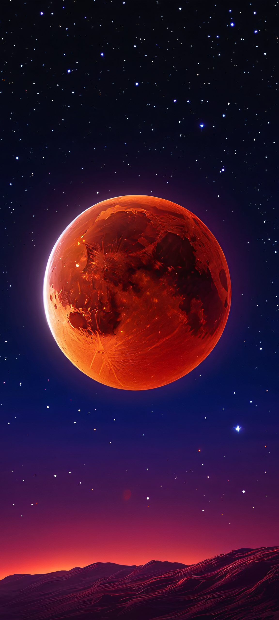 Blood moon rising over a starry night sky, perfectly optimized for iPhone and Android home screens