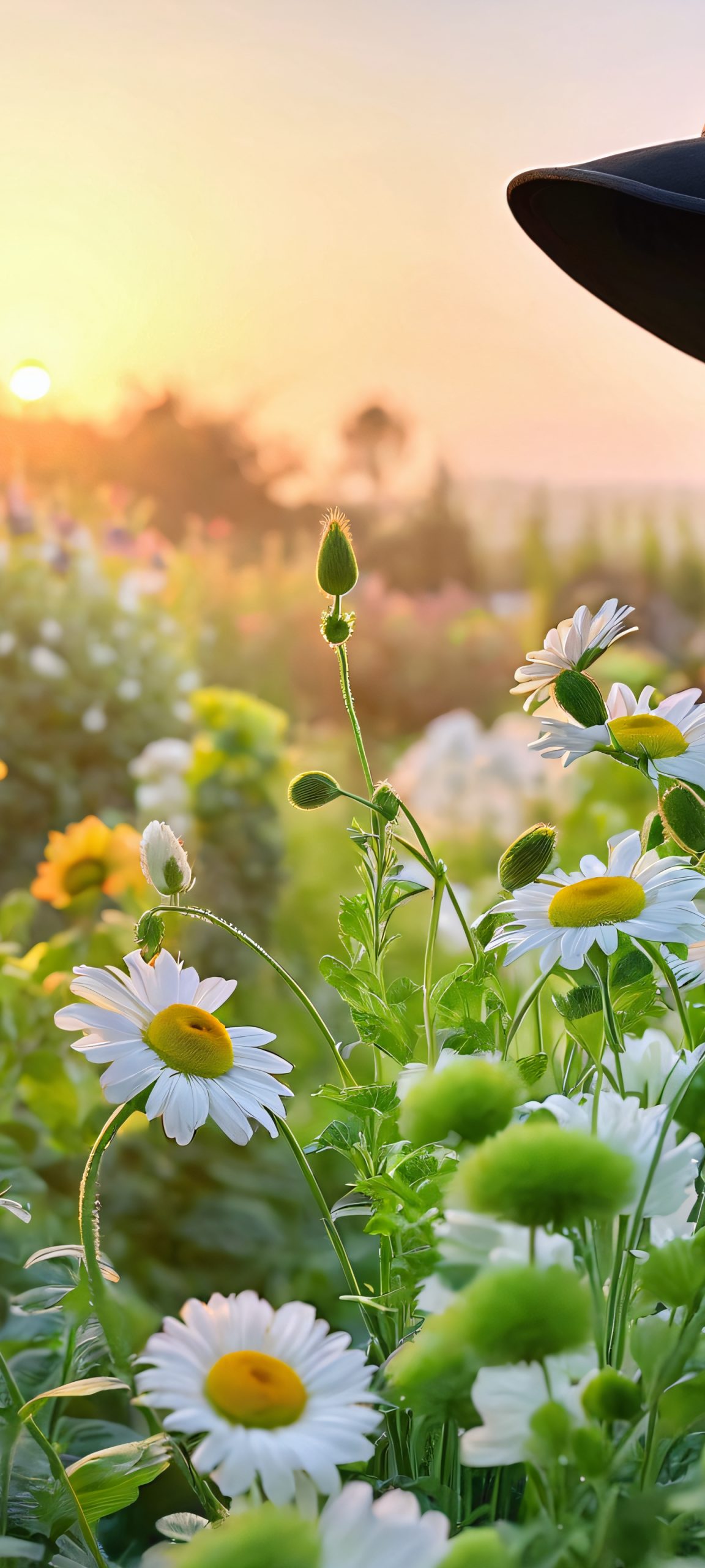 A stunning vertical mobile phone wallpaper featuring a beautiful black hat surrounded by a lush garden, painted in soft watercolor hues with a warm sunset tone. Perfect for iPhone, Samsung Galaxy, and Android home screens.